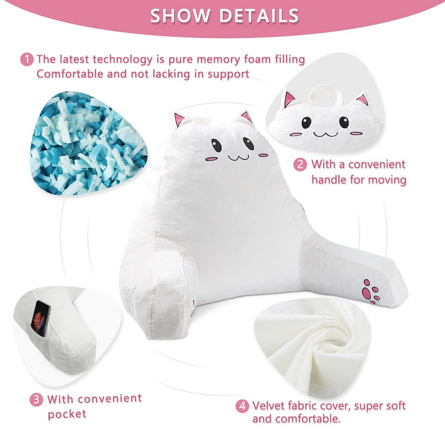 SUNSIDE Kitty Reading Pillow for Sitting in Bed, Cute Back Pillows for Adult …