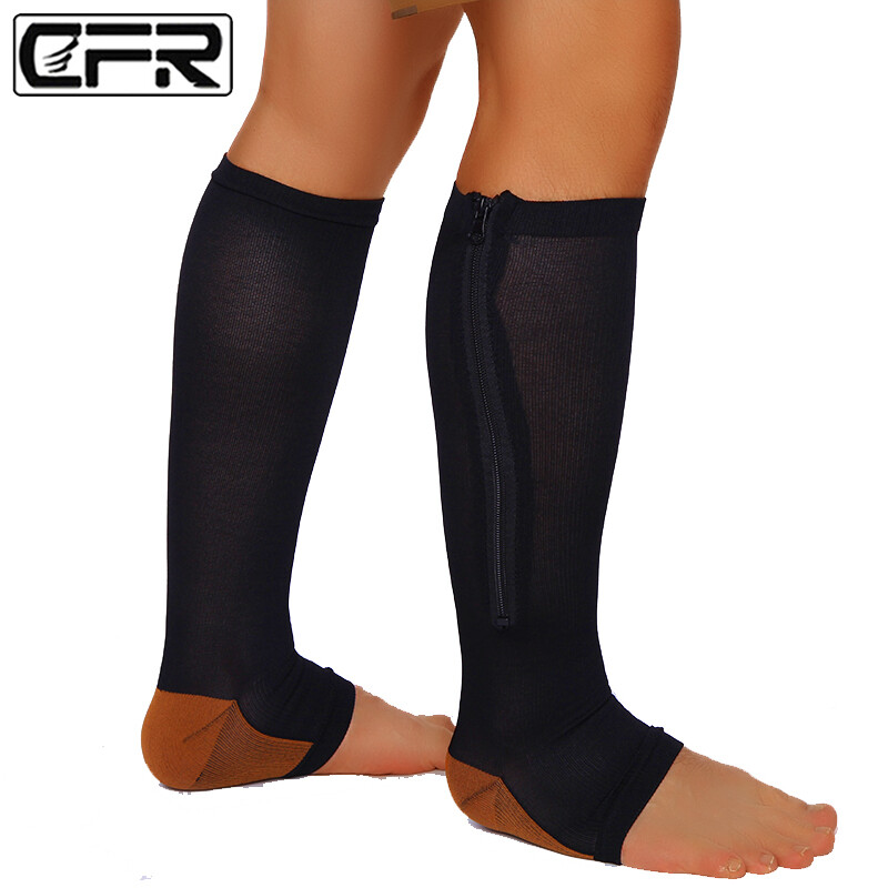 Pair Open Toe Zipper Compression Socks Calf Knee High Graduated Support Stock