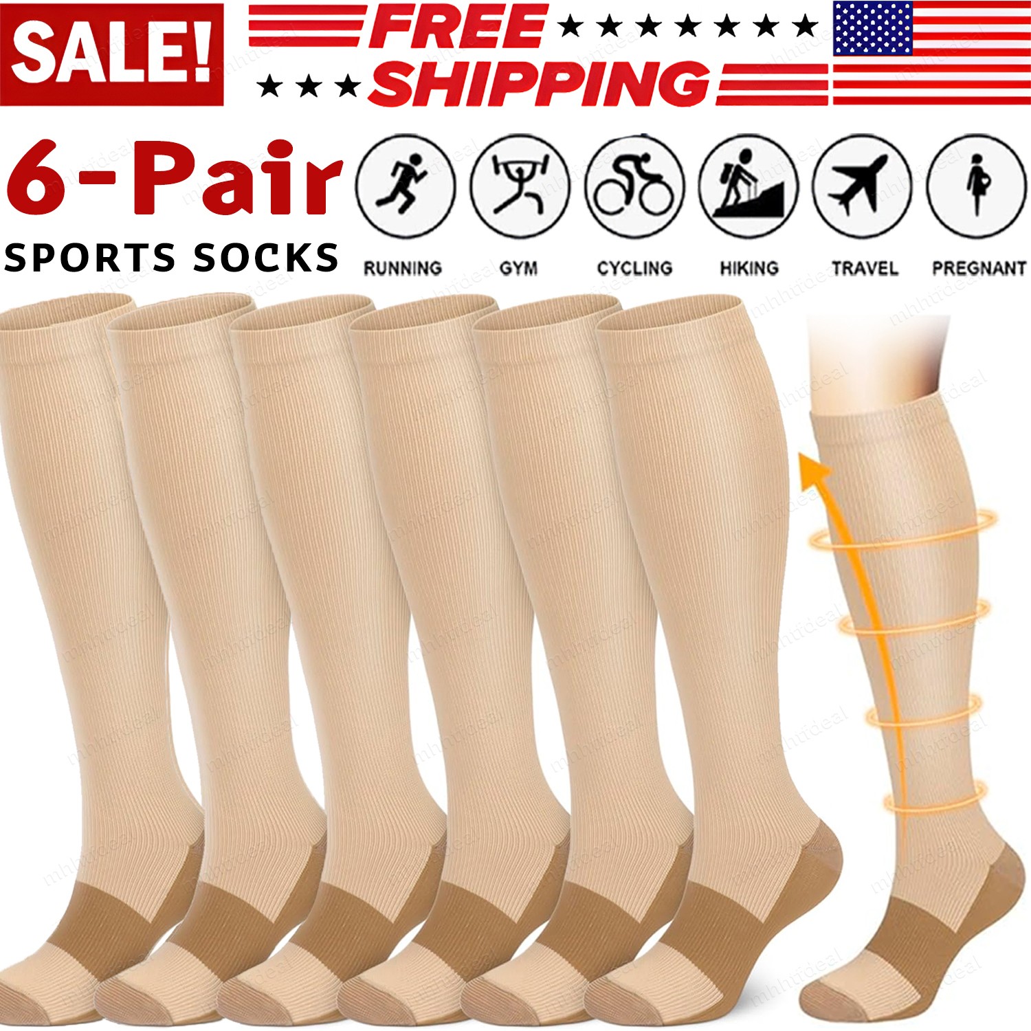 6-Pair Compression Stockings Sports Socks Womens Mens Knee High 20-30 mmHG S-XXL
