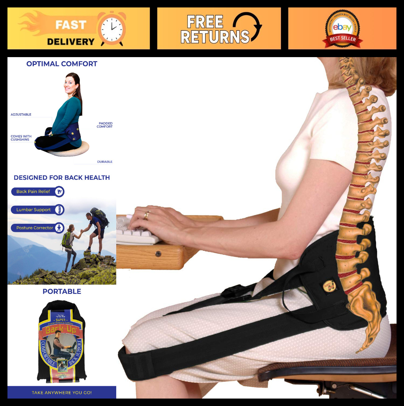 Back Support & Posture Corrector – Convertible Pouch Bag, Cushioned Comfort (Bla