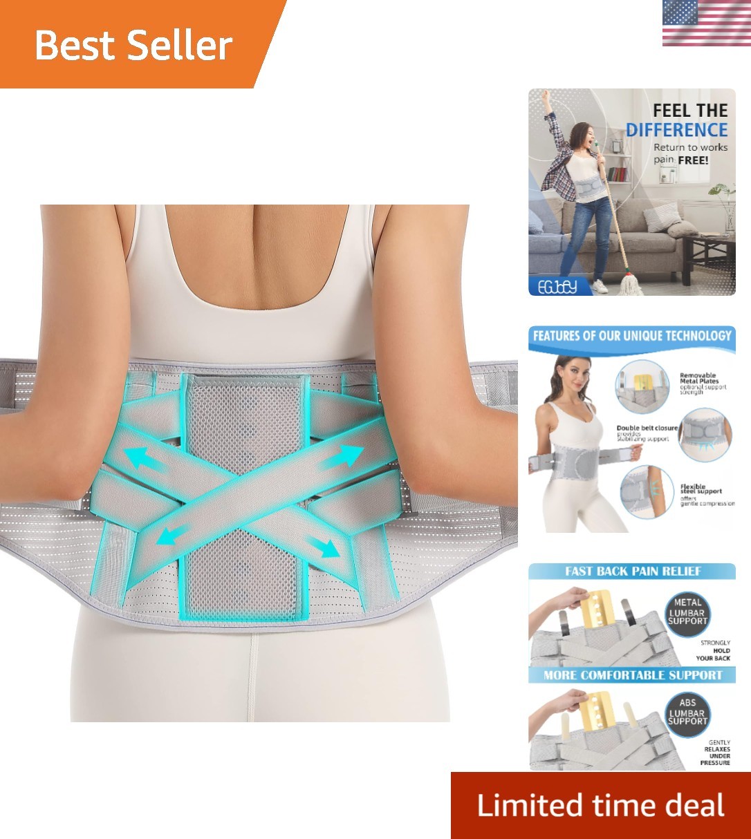 Lumbar Support Back Brace – Relieves Sciatica & Herniated Discs, Grey