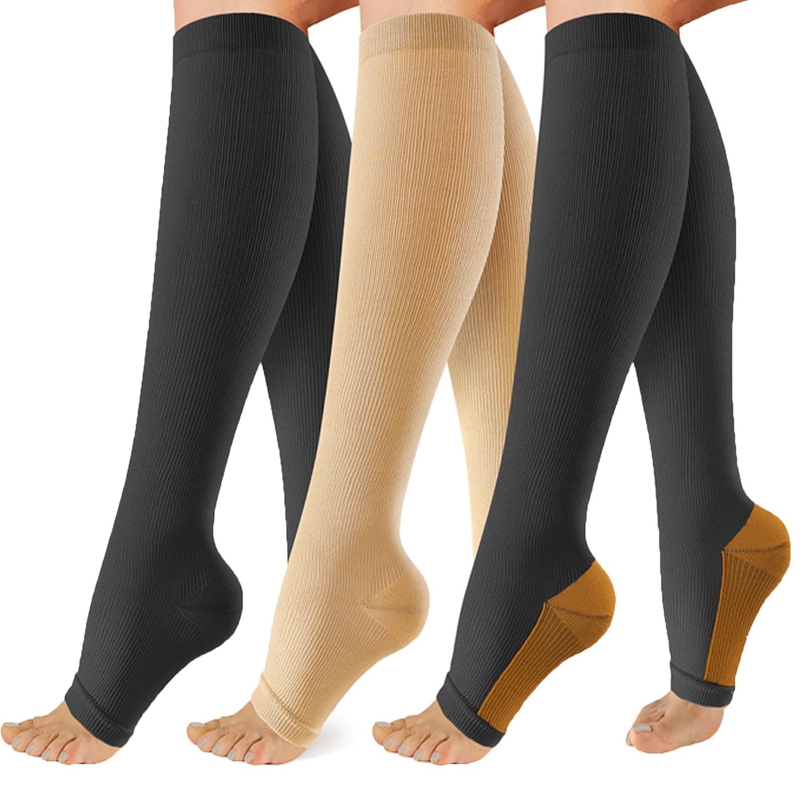 3 Pack Copper Compression Socks for Women&Men, 20-30mmHg Open Toe Knee High S…