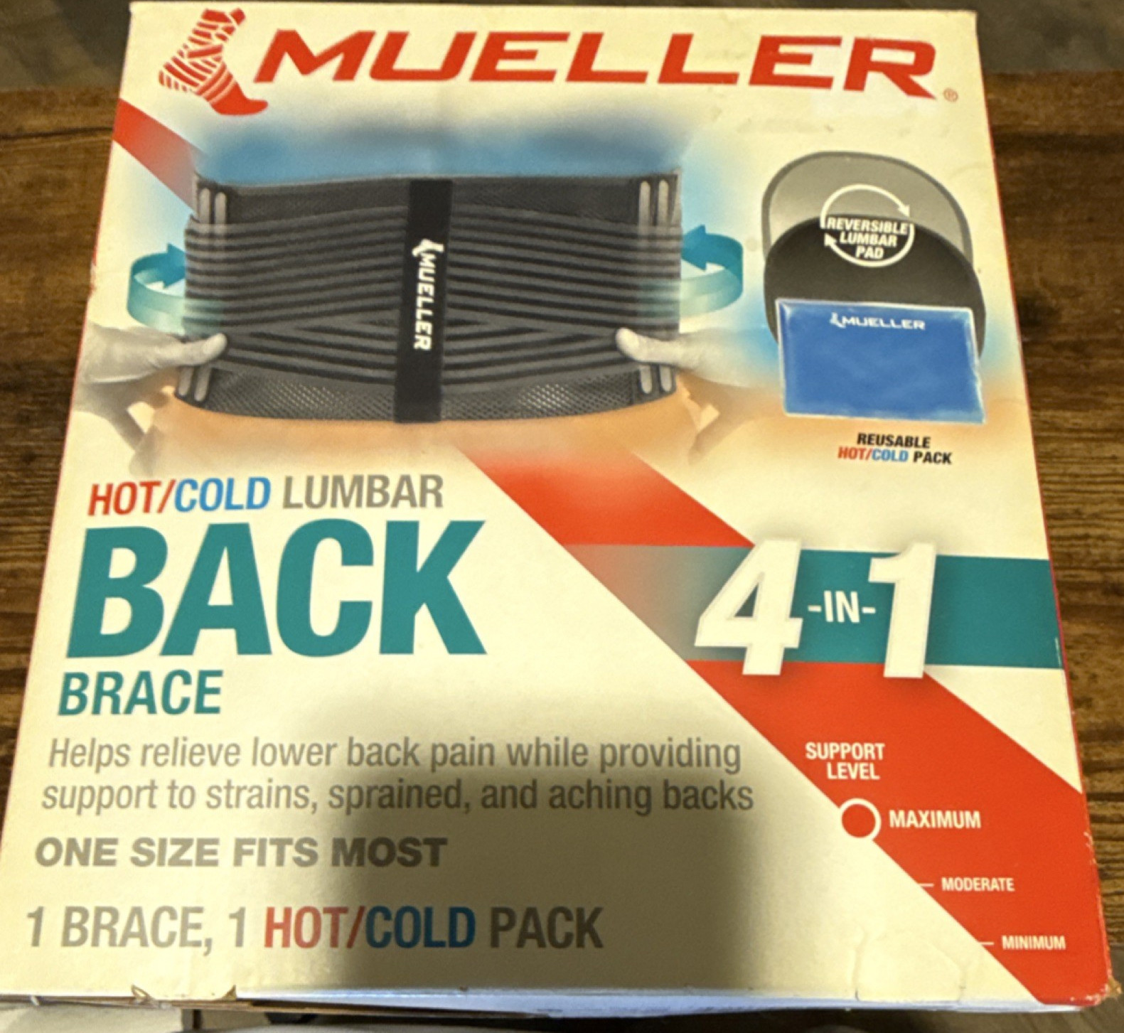 Mueller Hot/Cold Lumbar Back Brace 4-in-1 Adjustable One Size Fits Most Black