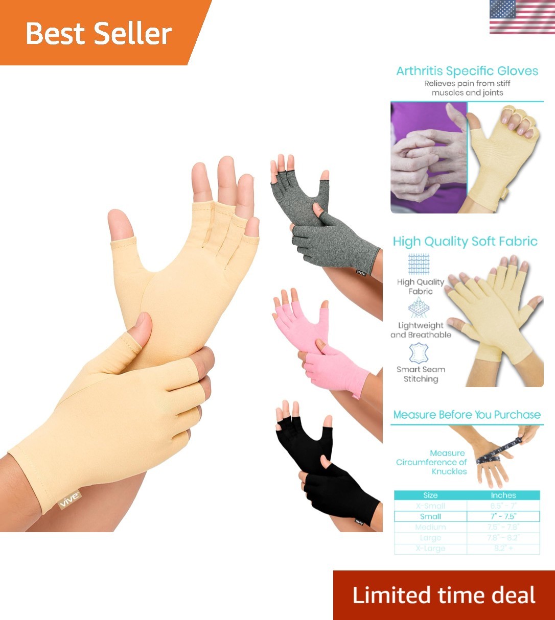 Pain-Relieving Open Finger Compression Gloves for Arthritis – Small Size, Beige