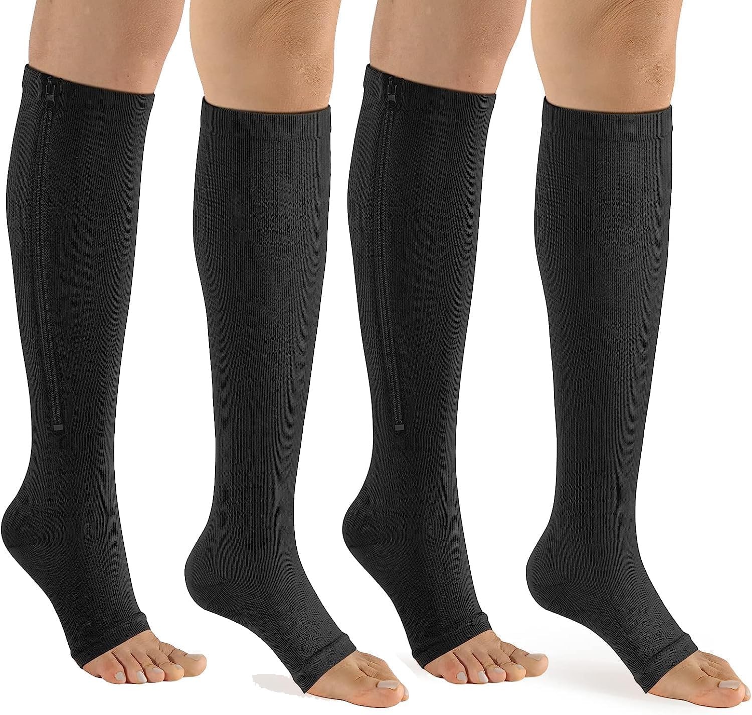 2 Pairs Zipper Open Toe Compression Socks Women Men Knee High 15-20 mmHg Run