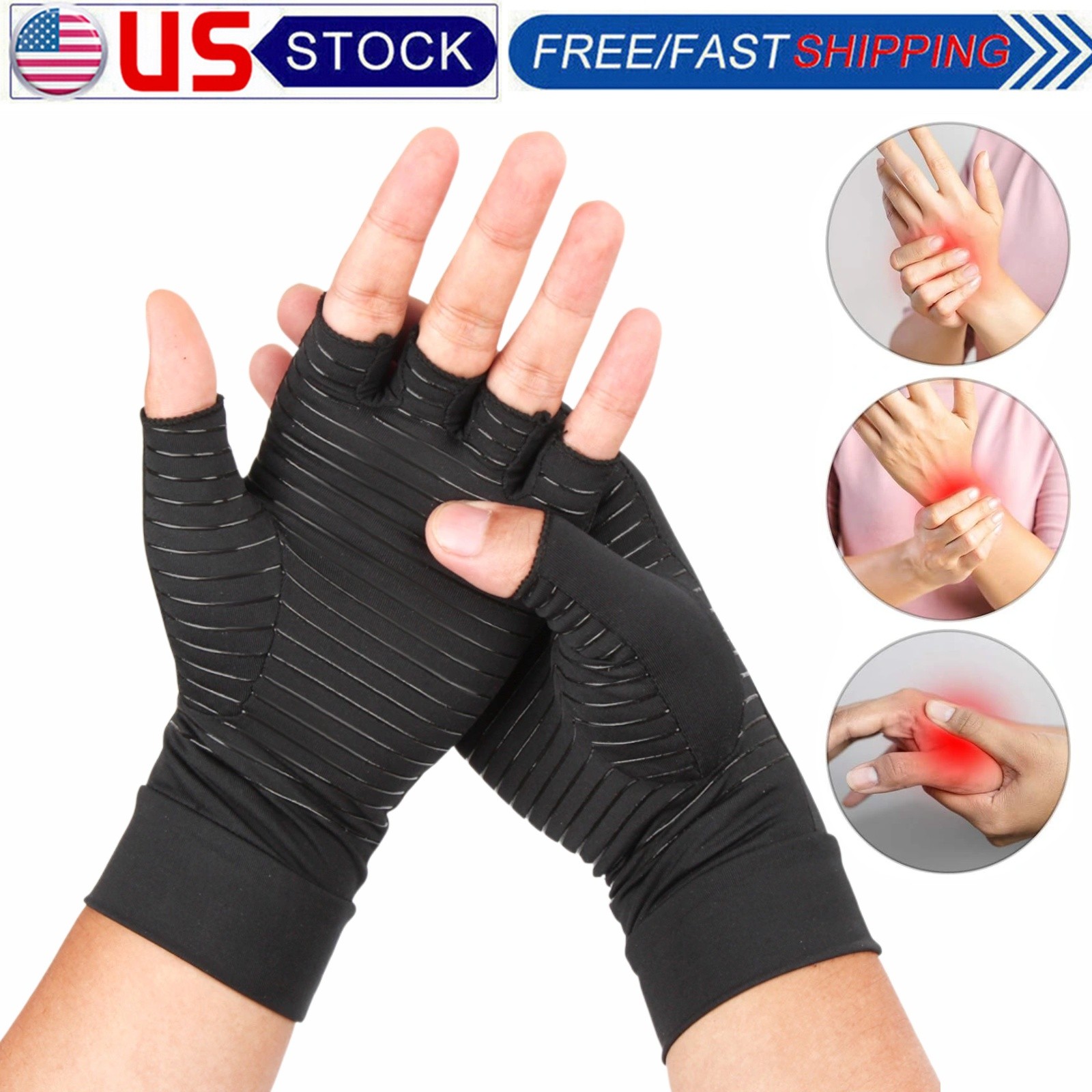 1 Pairs Copper Arthritis Compression Gloves Hand Support Joint Pain Relief Black