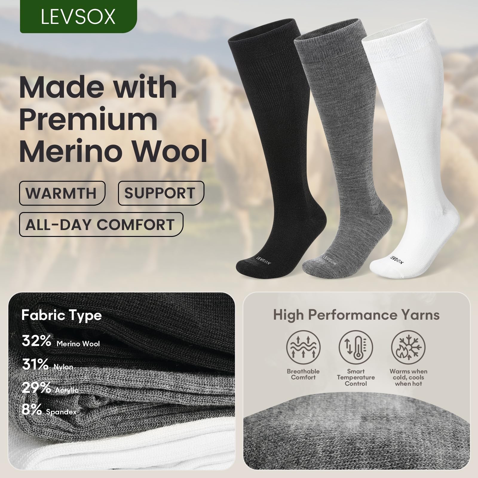 LEVSOX Merino Wool Compression Socks Medium-Large, 3 Pairs-Black/White/Grey