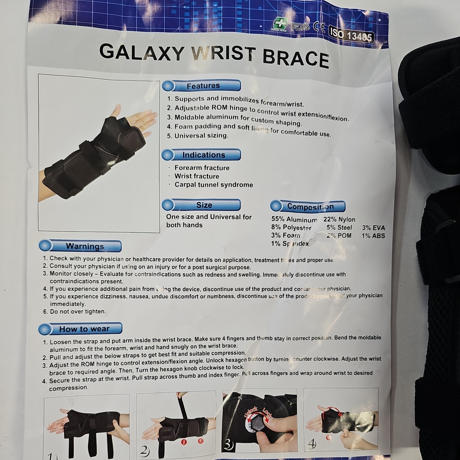 Galaxy Wrist Brace One Size Immobilizer Adjustable ISO 13485 Brand New