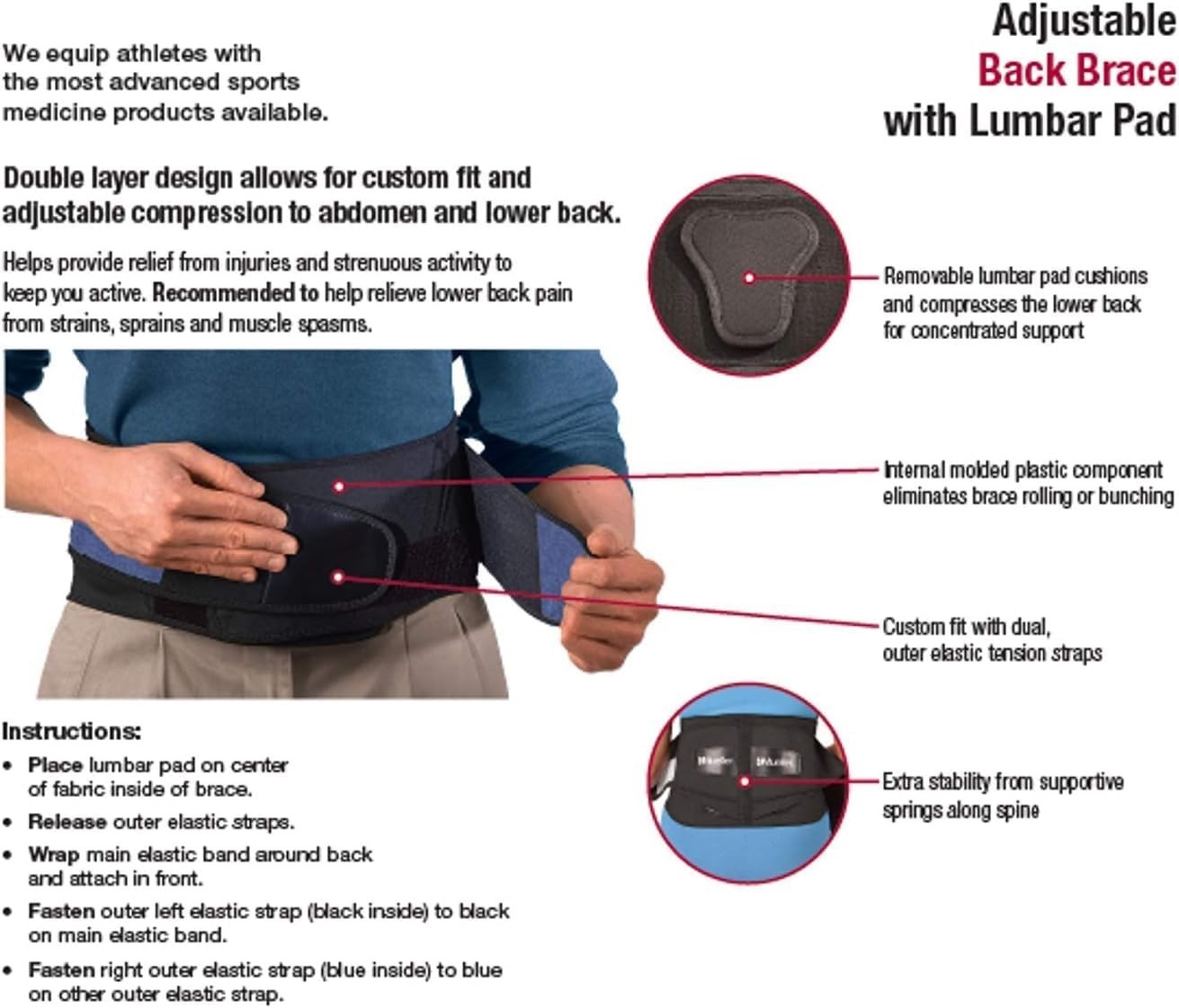 Mueller 255 Lumbar Support Back Brace with Removable Pad – Regular 28″-50″…