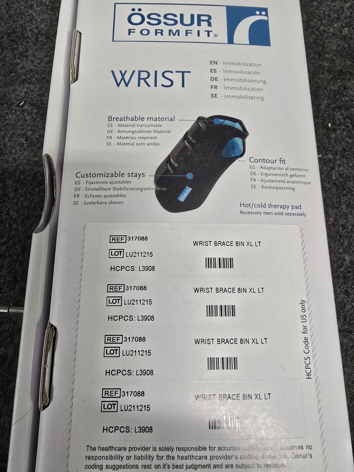 OSSUR 8″ WRIST BRACE, LEFT HAND, X-LARGE, BLACK, NEW