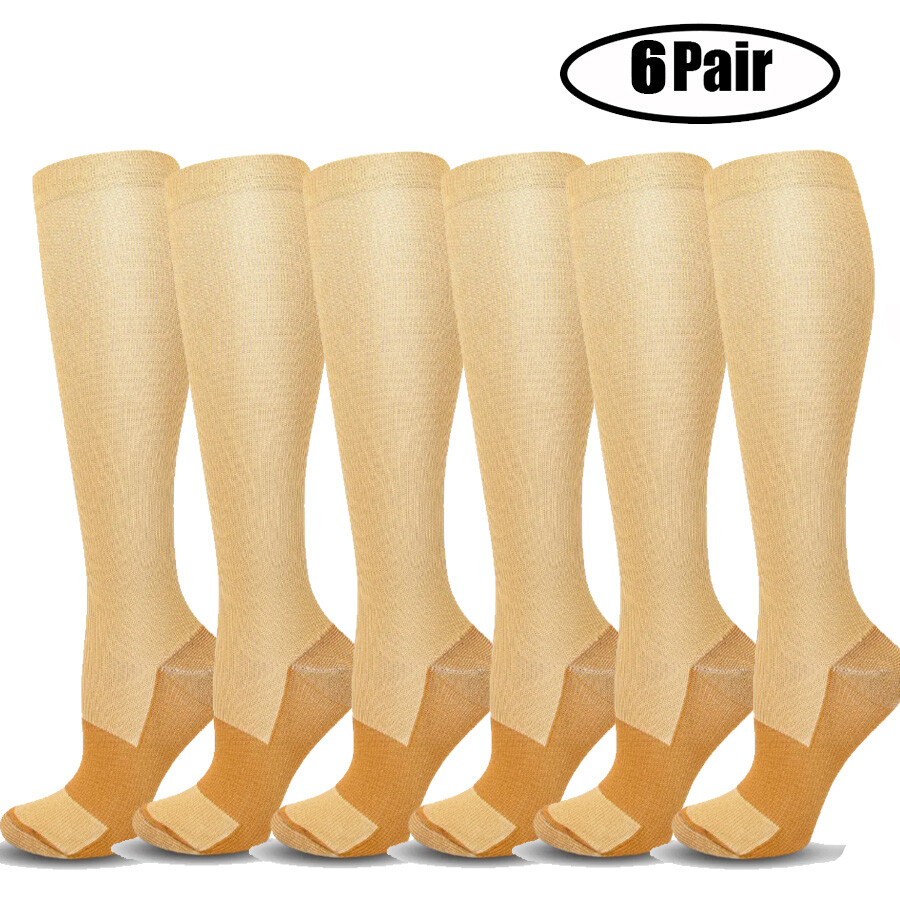 6 Pairs Copper Compression Socks 20-30mmHg Graduated Support Mens Womens S-XXL