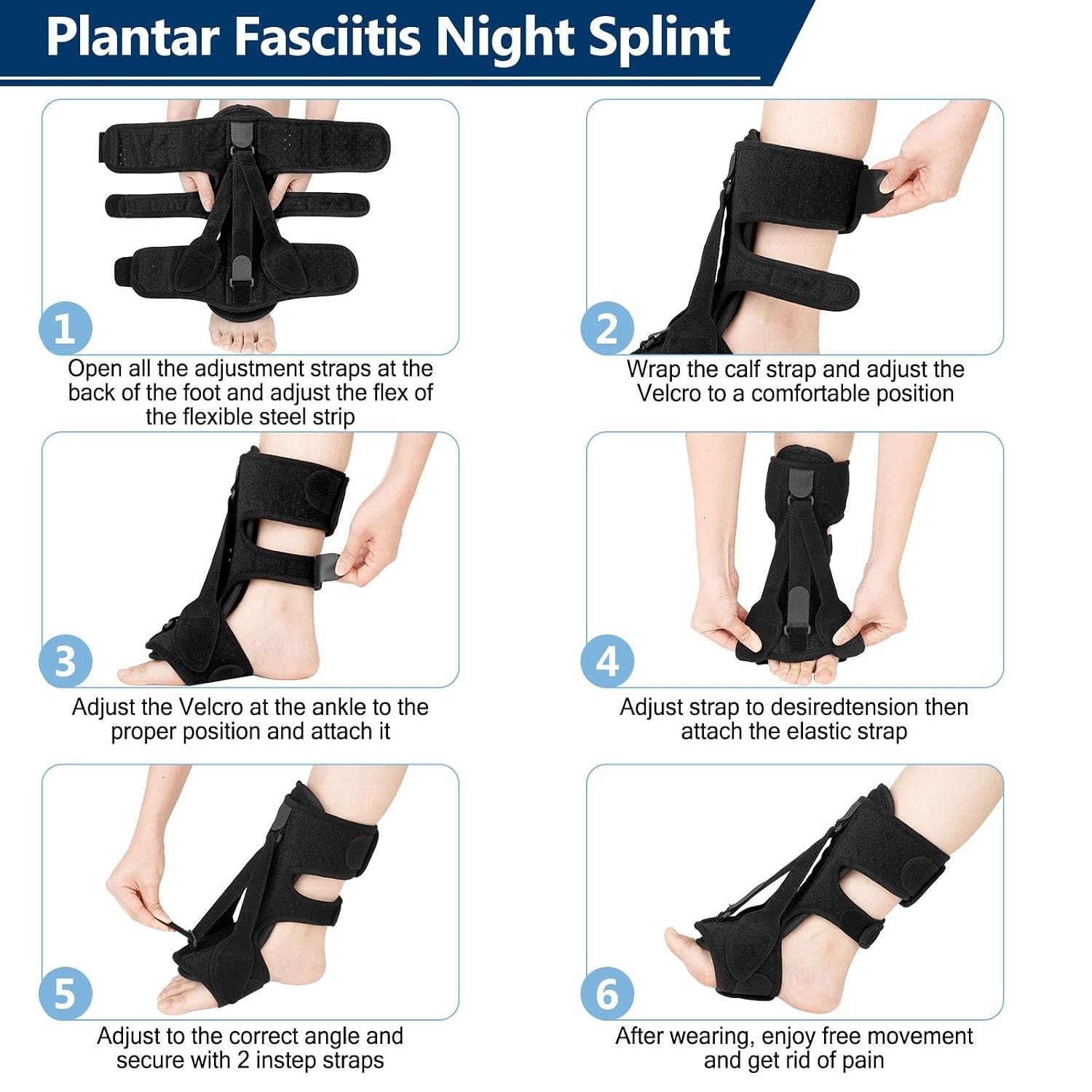 Plantar Fasciitis Night Splint – 3 Adjustable Straps for Pain Relief, Black
