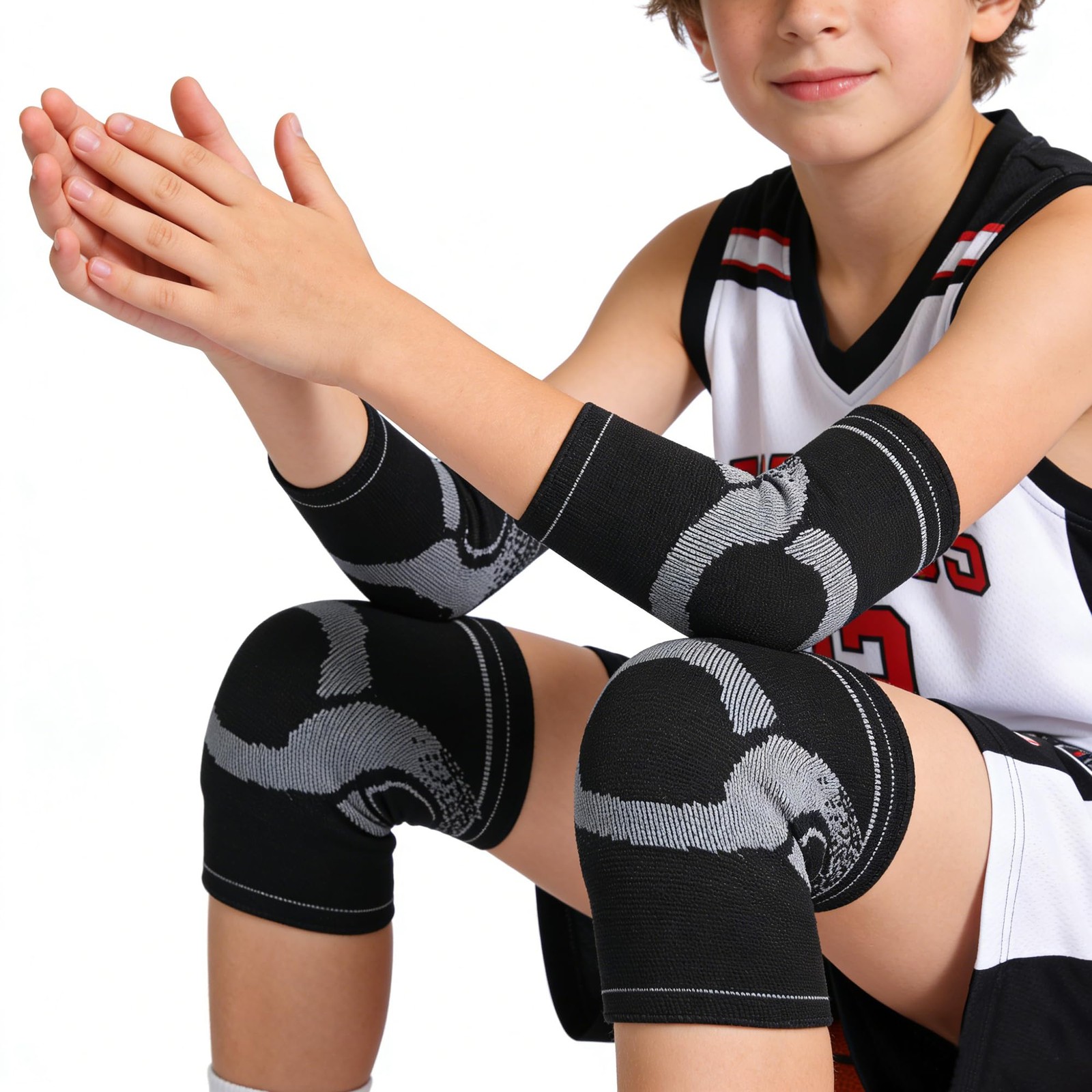 Kids Knee and Elbow Pads Set, 4pcs Breathable Thin Compression Sleeves Knee B…