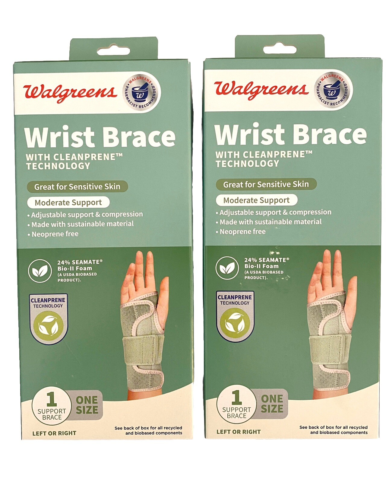 2pk Cleanprene Technology Moderate Support Wrist Brace Left Right Sensitive Skin