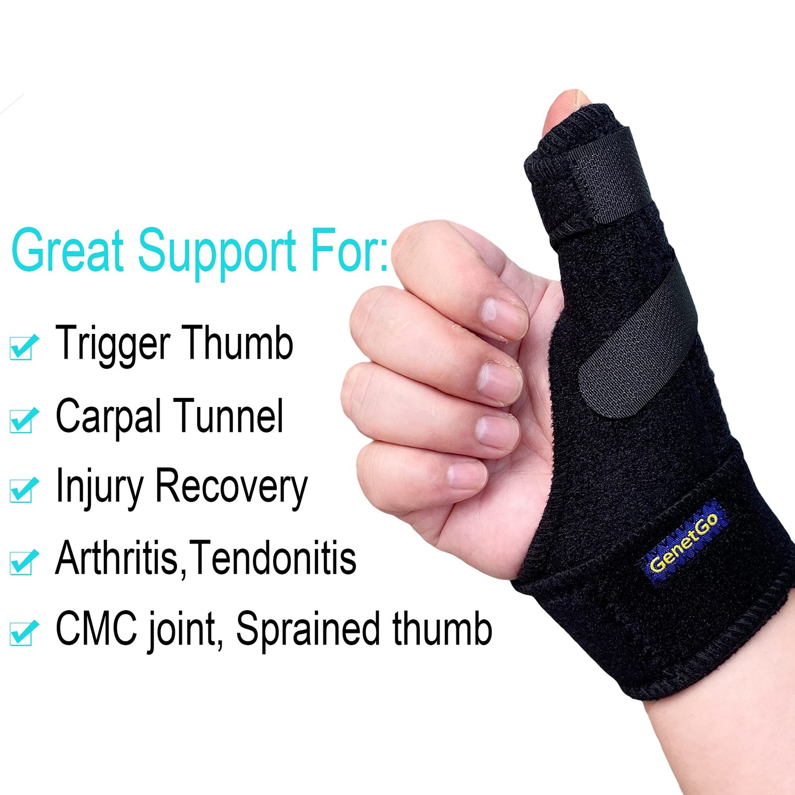 GenetGo Trigger Thumb Splint – Spica Support Brace One Size, Black