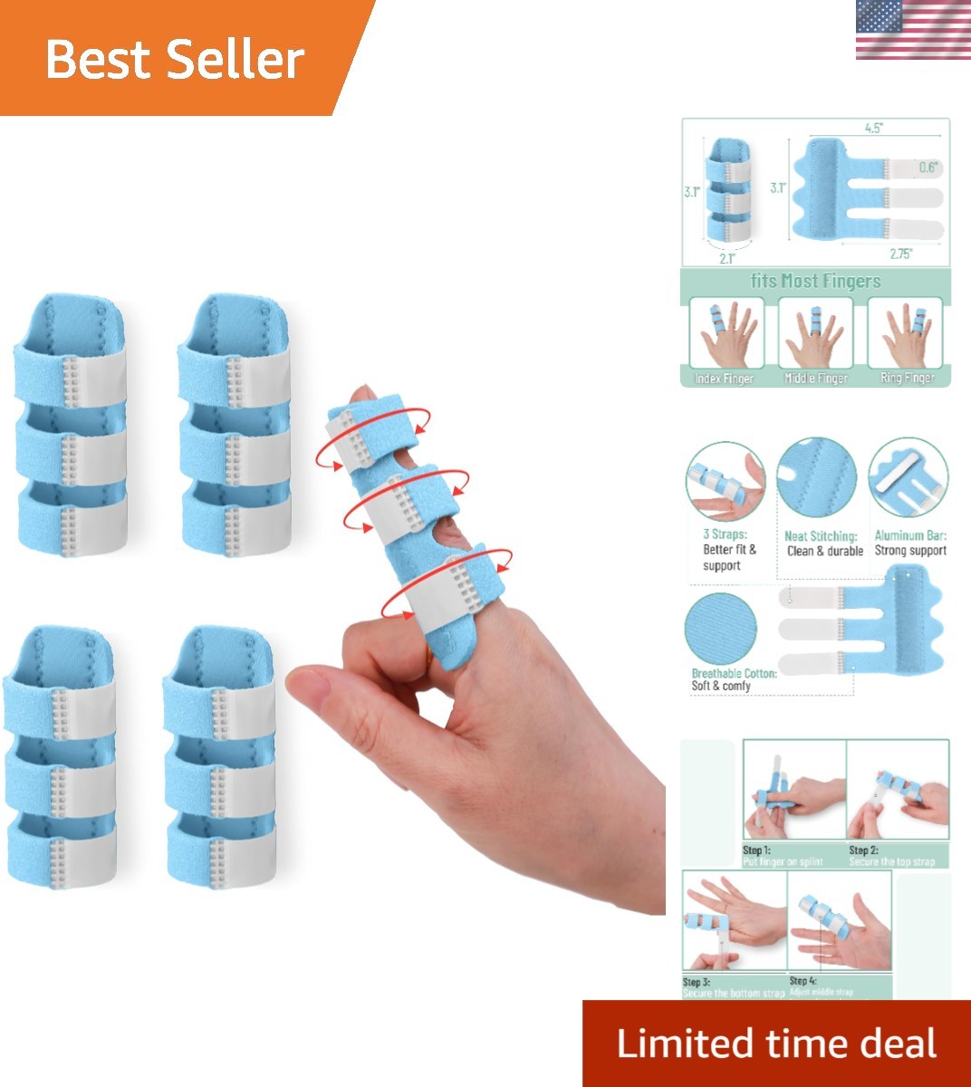 Light Blue Finger Support Brace – 4 Pack for Arthritis & Sprain Relief