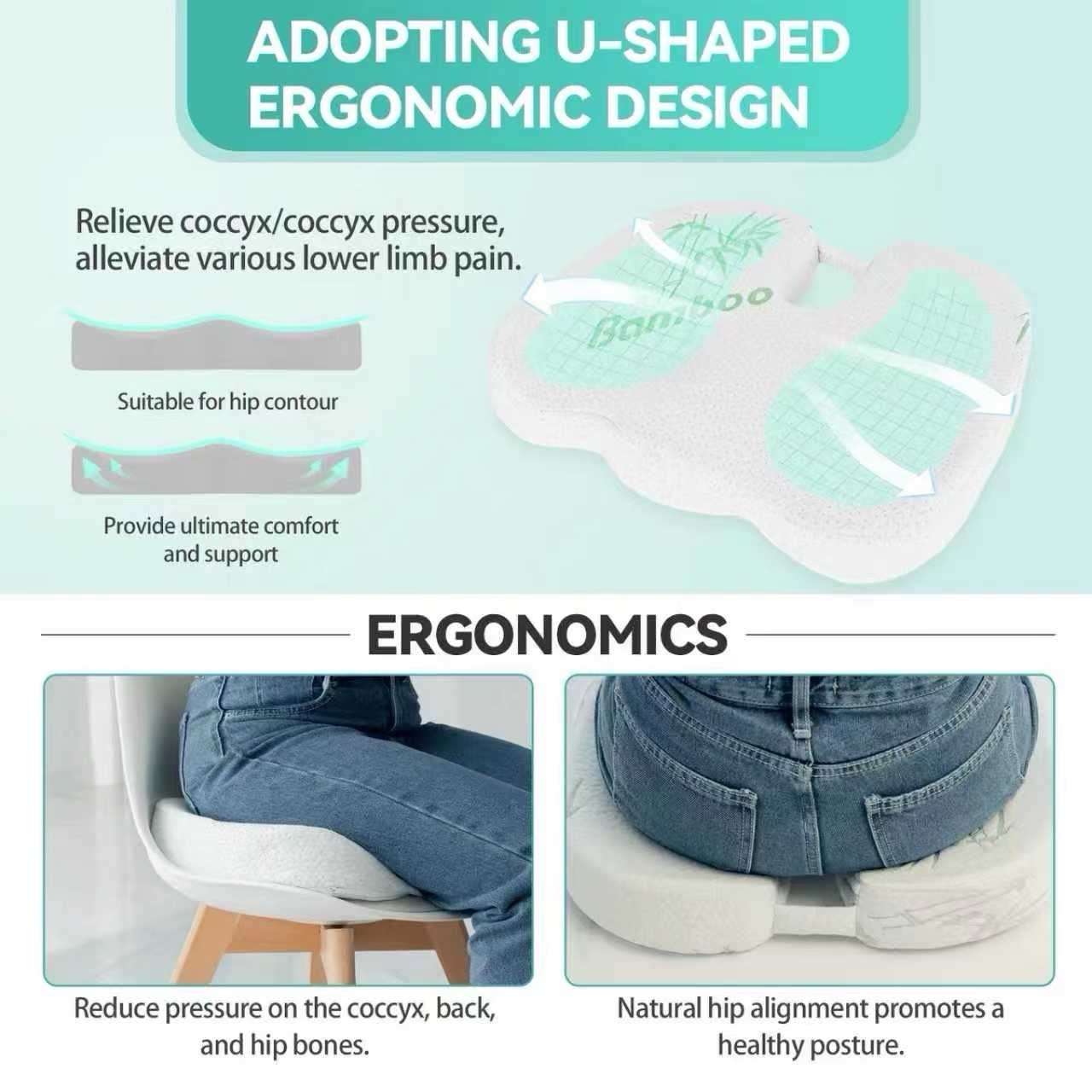 Seat Posture Cushion Bamboo Memory Foam Pillow Pain Relief Mesh Plush