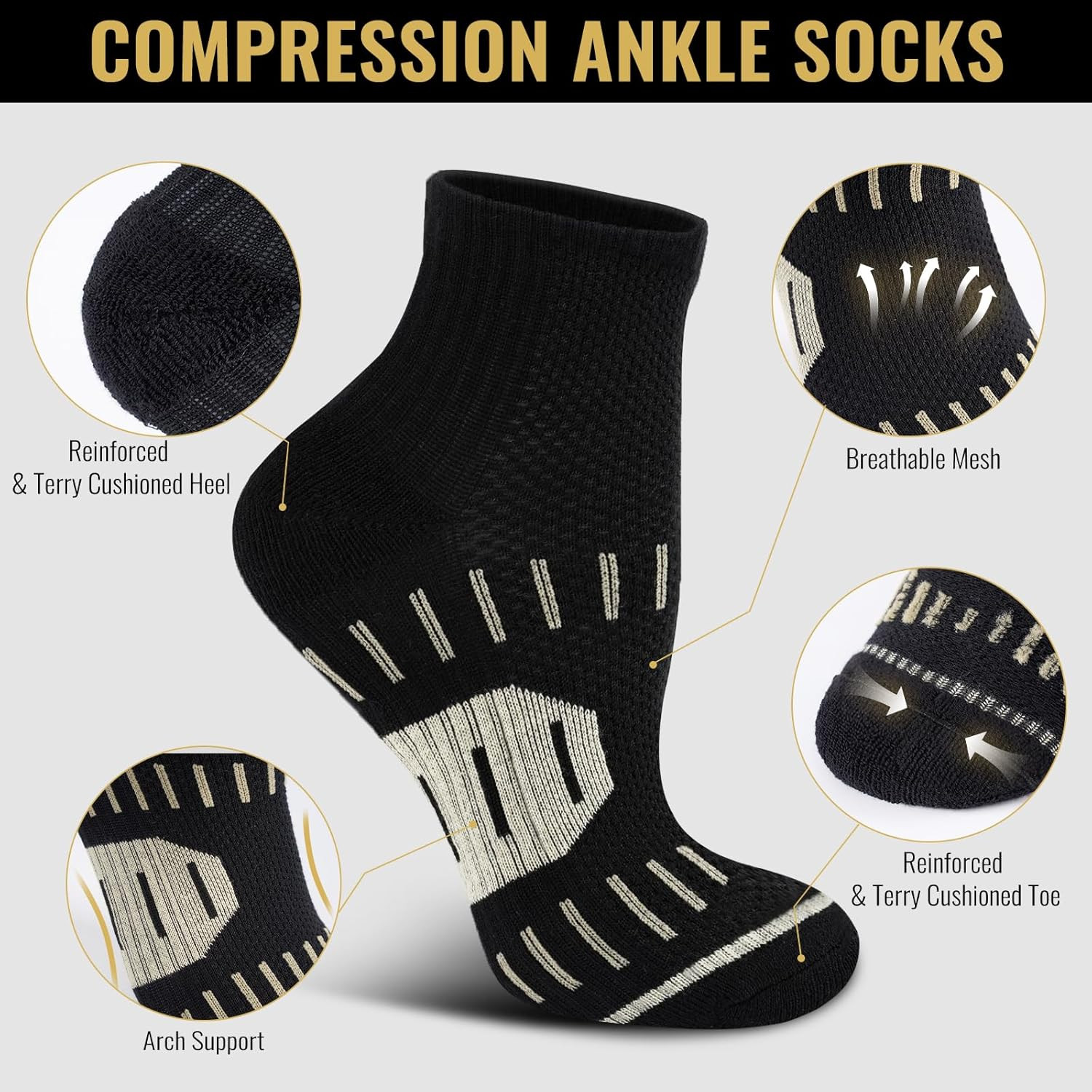 Copper Ankle Compression Socks for Men and Women(6 pairs), Breathable Arch Suppo