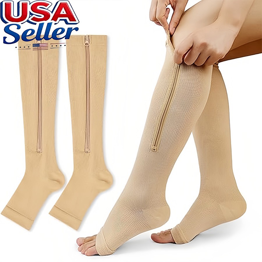 1/3x Zip-Up Compression Socks 15-20mmHg Open Toe With Zipper Pain Relief Unisex