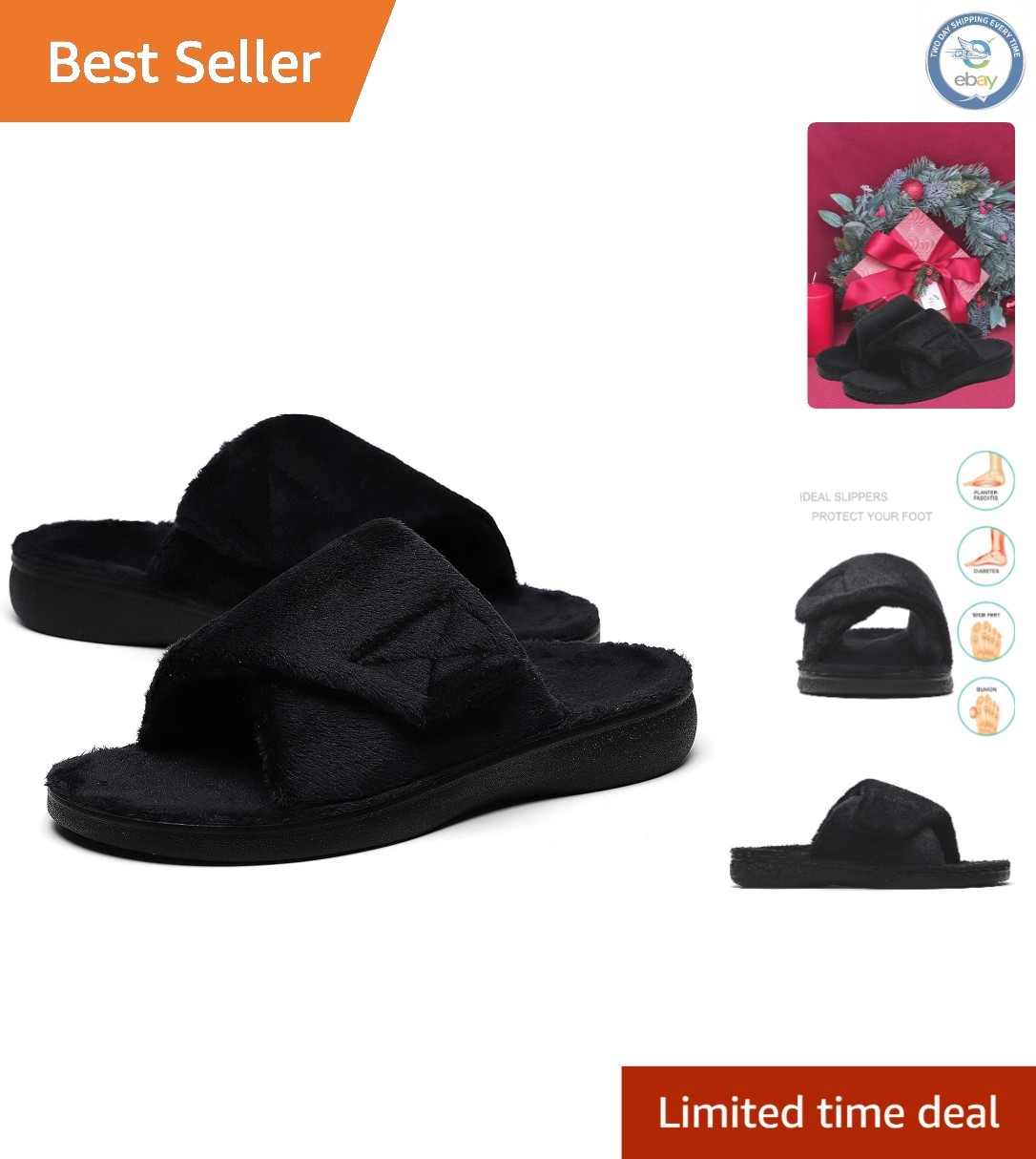 Ultra-Comfortable Women’s Orthopedic Slippers with Memory Foam – Black, Size 8.5
