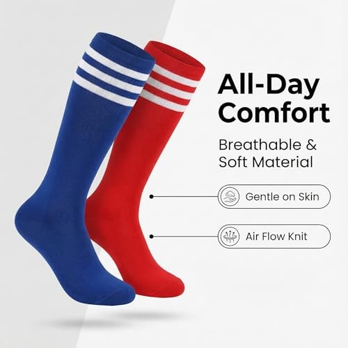 Christmas Classic Athletic Knee High Socks, 2 Pairs Triple Stripes Over The Red