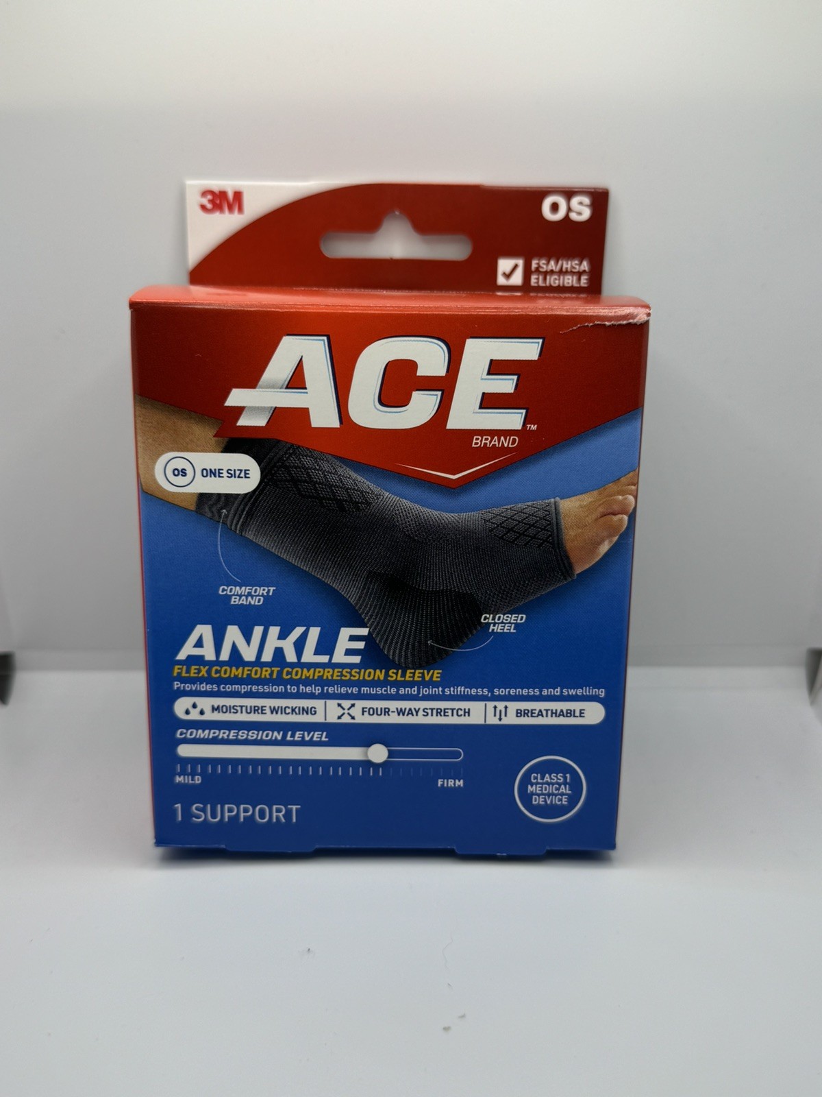 3M ACE Ankle Flex Comfort Compression Sleeve One Size Black Support Brace