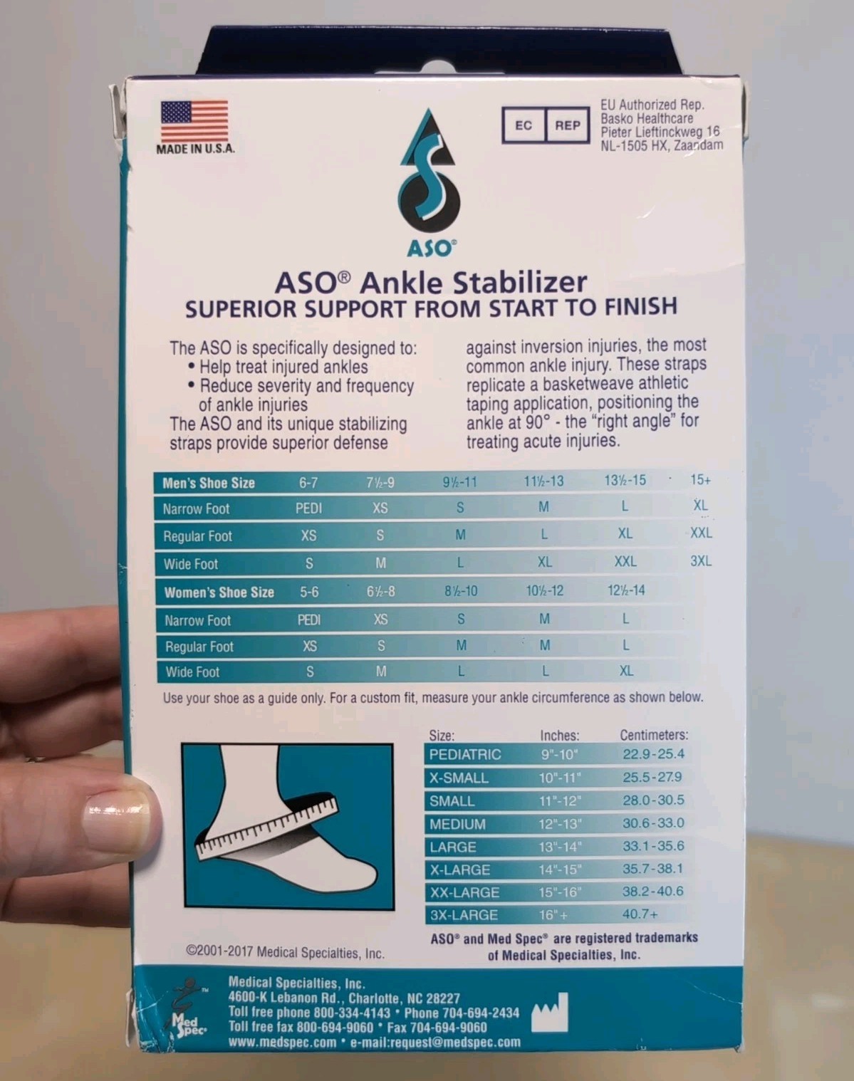 Med Spec ASO Ankle Stabilizer Orthosis Black Size Large Brace