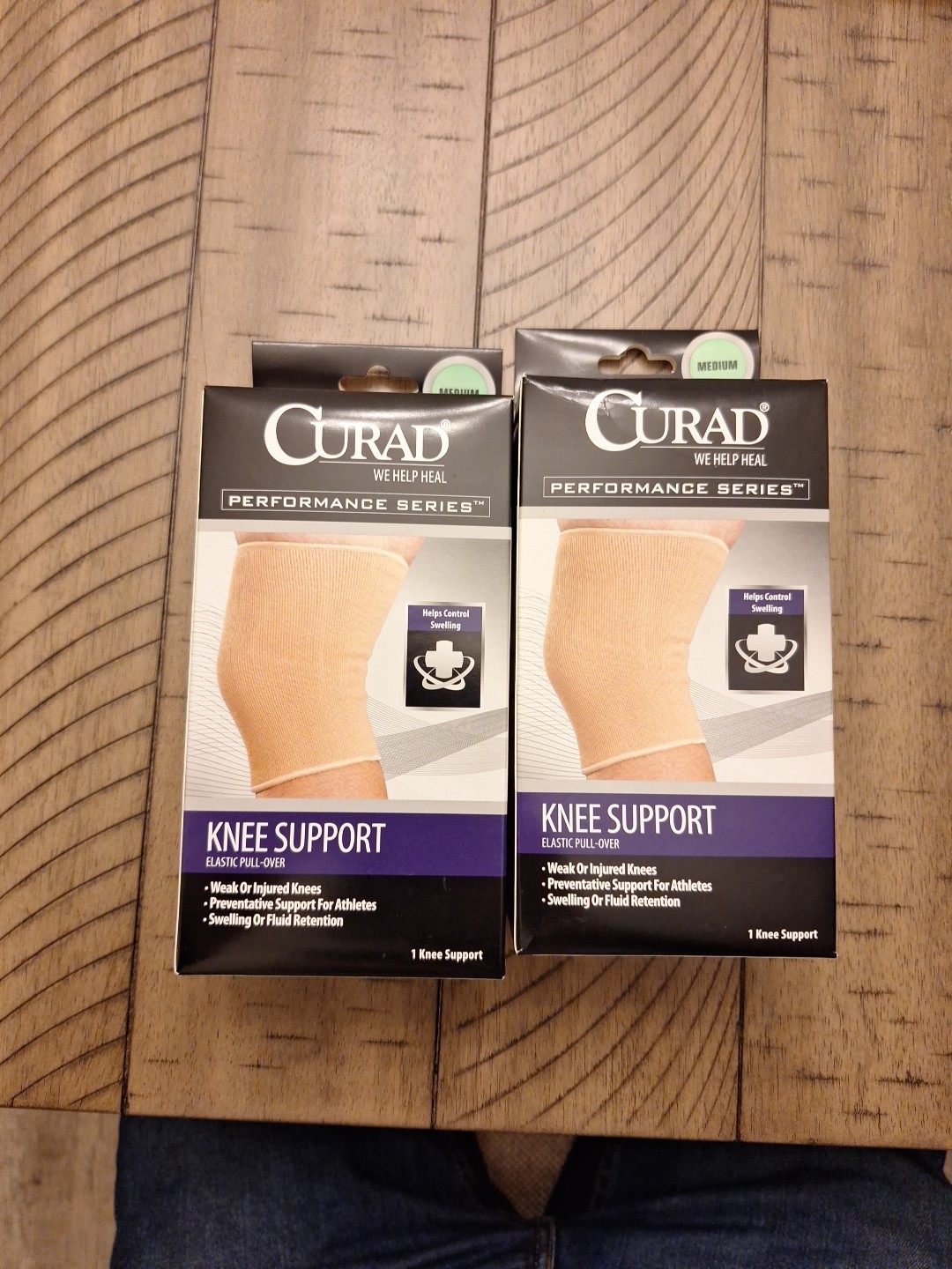 TWO Curad Elastic Pull-Over Knee Supports Size- Med fits 16-18″ (ABOVE Knee Cap)