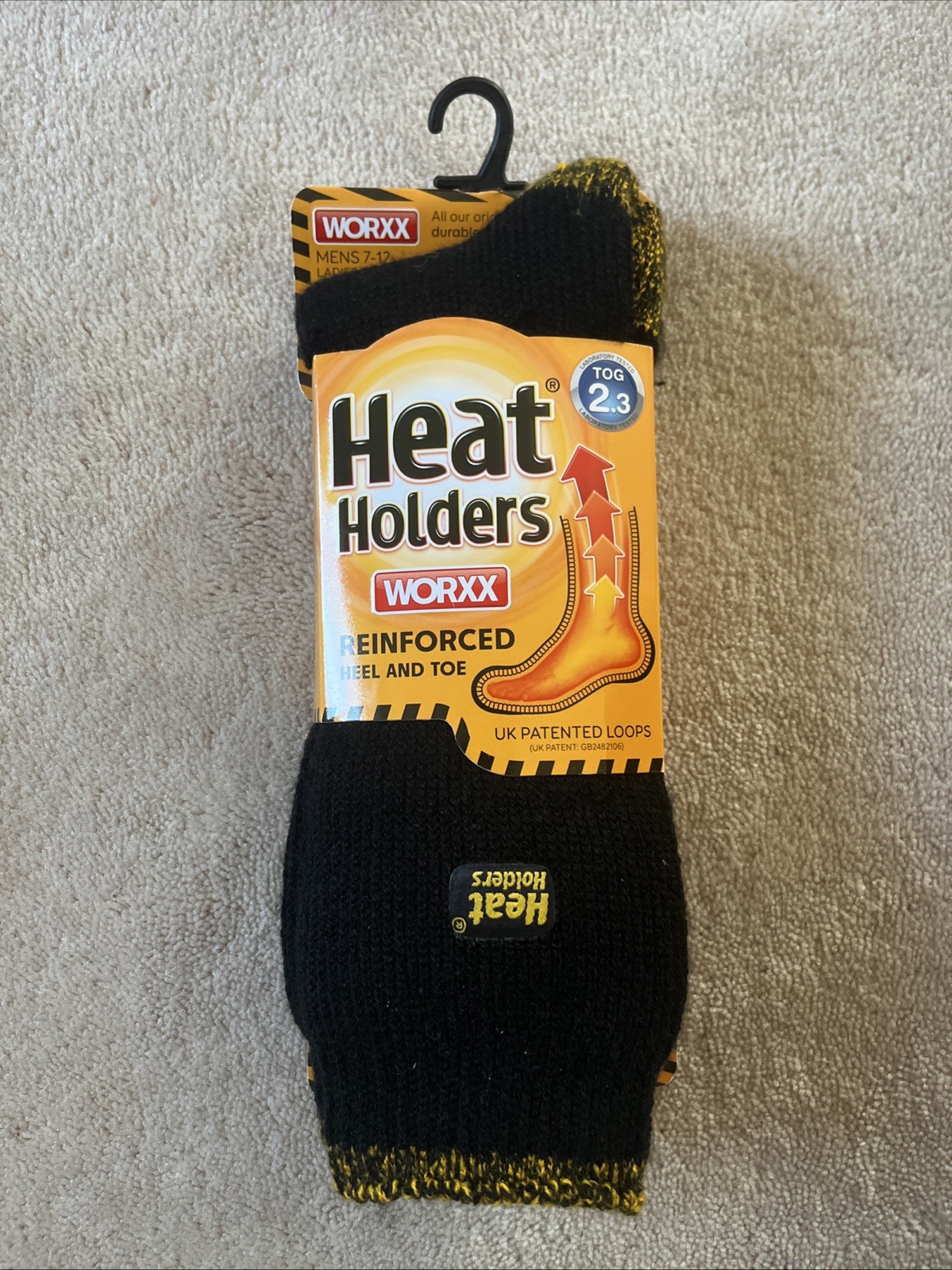 Heat Holders Worxx Socks Men’s size 7-12 Reinforced Heel & Toe Black/Yellow New