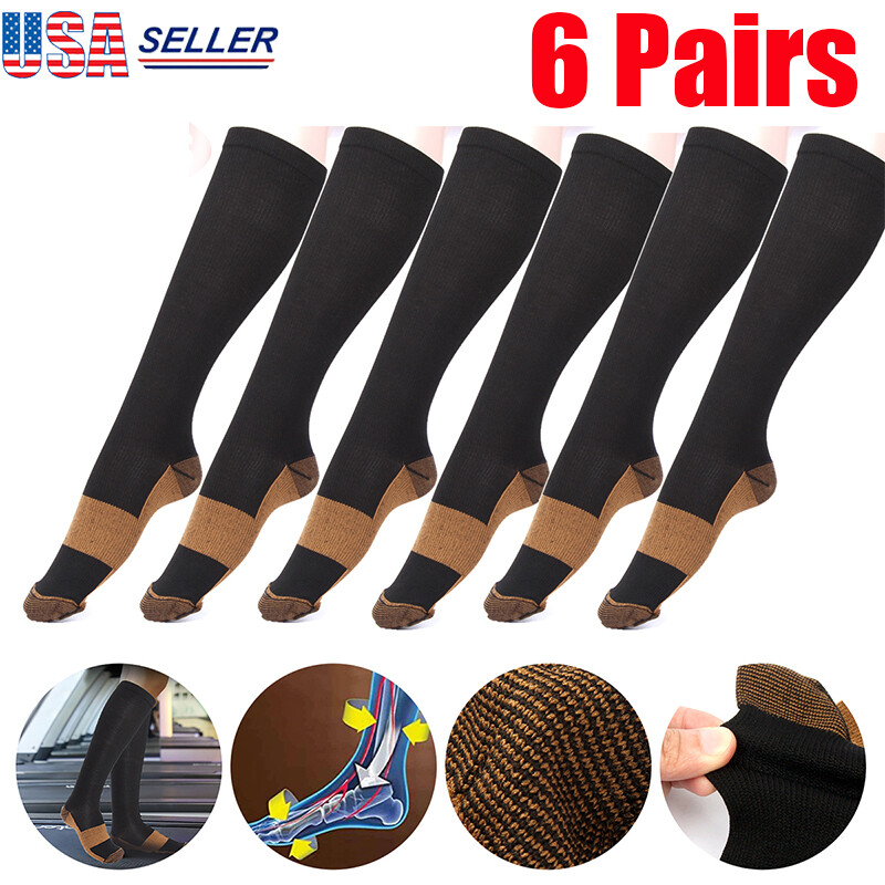 6 Pairs Copper Compression Socks 20-30mmHg Graduated Support Mens Womens S/M-XXL