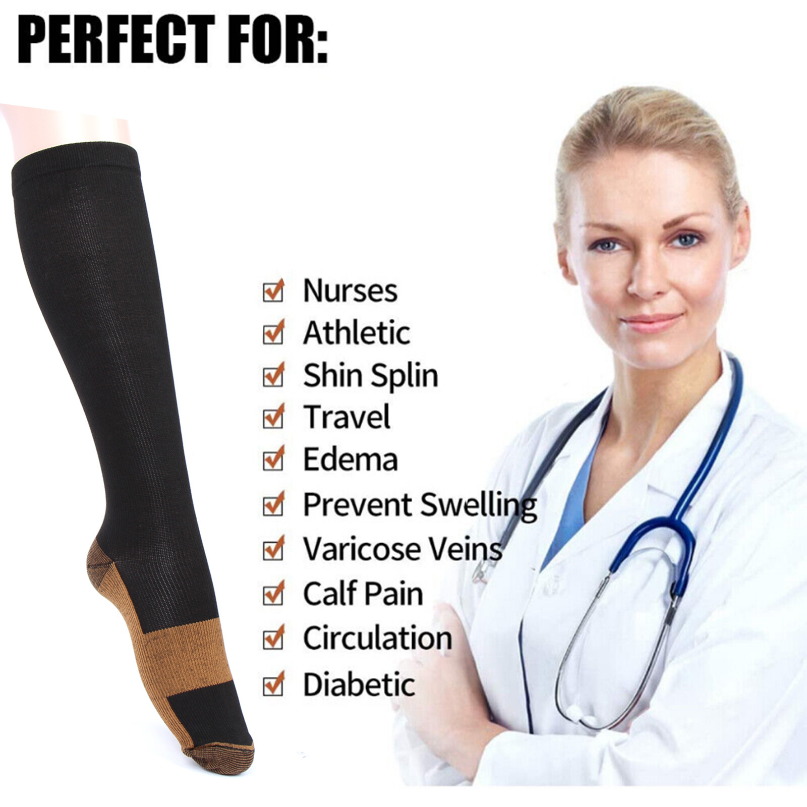(6 Pairs) Copper Compression Socks Graduated Support 20-30mmHg Mens Womens S-XXL