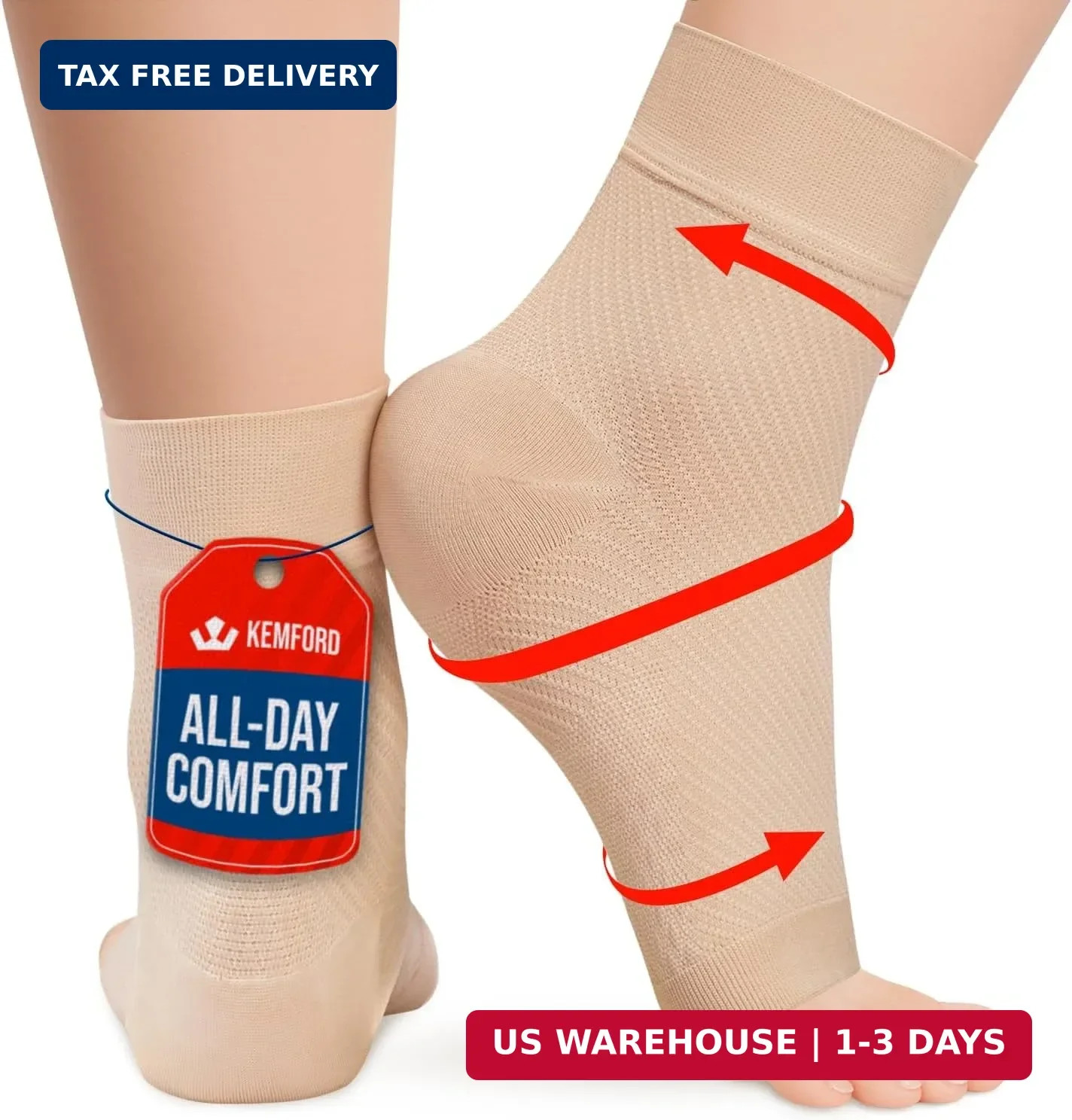 KEMFORD Ankle Compression Sleeve – 1-Pair, Plantar Fasciitis Braces – Open Toe C