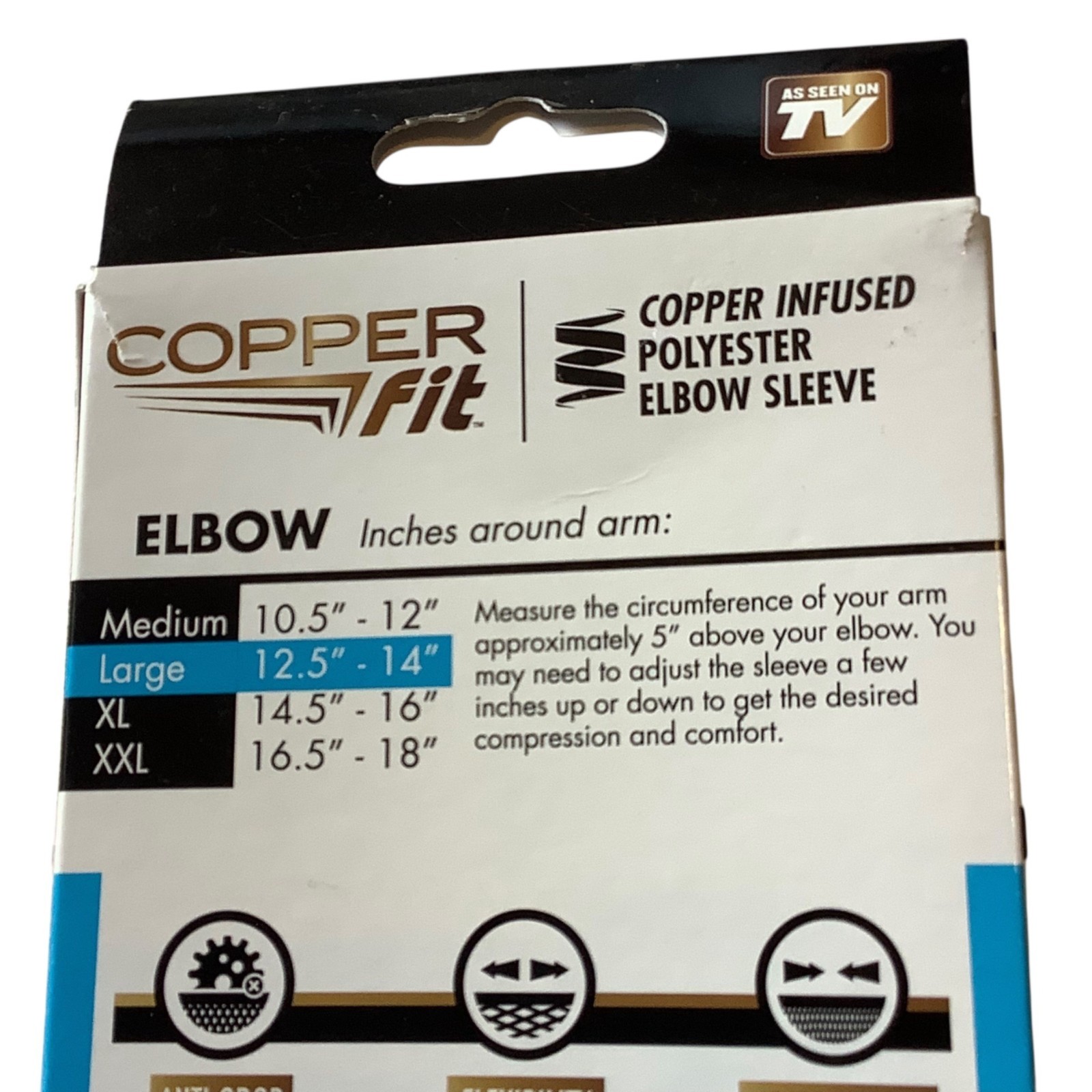 Copper Fit Compression Elbow Sleeve Large Unisex Copper Infused Anti-Odor Fabric