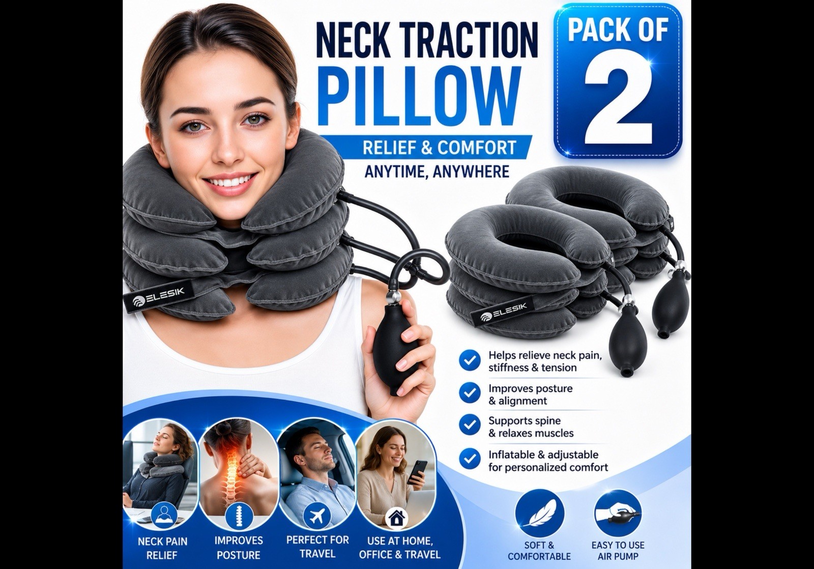 ELESIK Inflatable Neck Traction Pillow, Adjustable Cervical Device, 2pk Gray