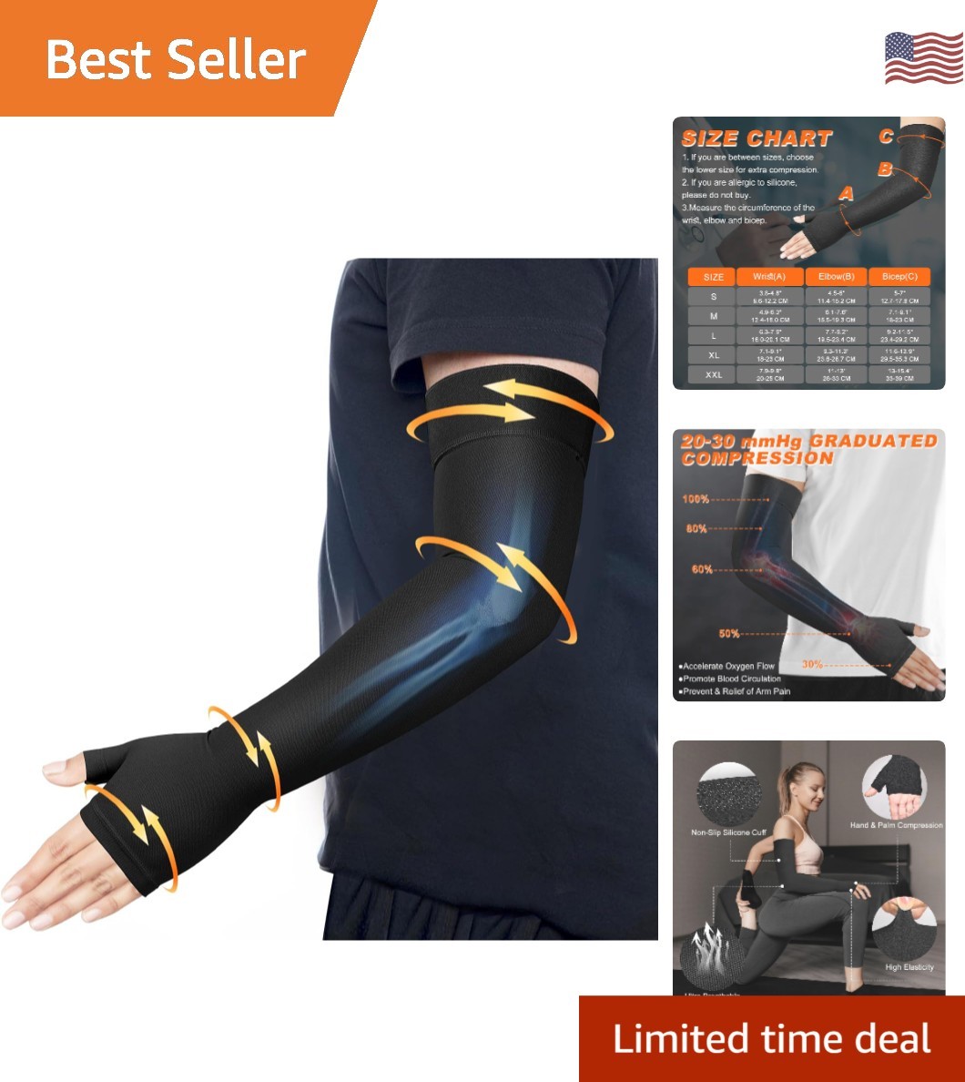 Extra-Long Compression Arm Sleeve with Anti-Slip Gauntlet for Active Recovery
