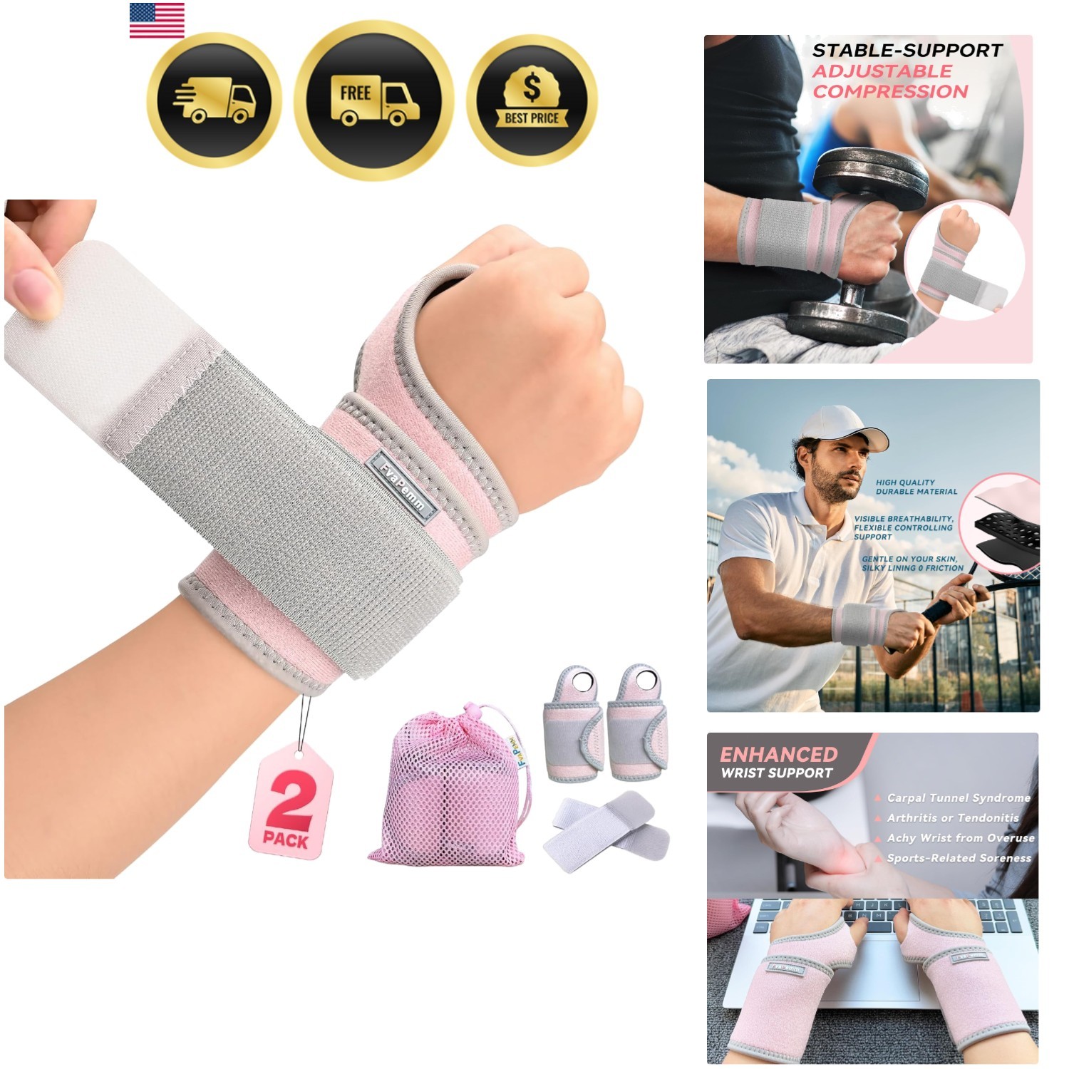 Carpal Tunnel Wrist Brace for Right Left Hand 2 Pack, Wrist Support Wraps for…