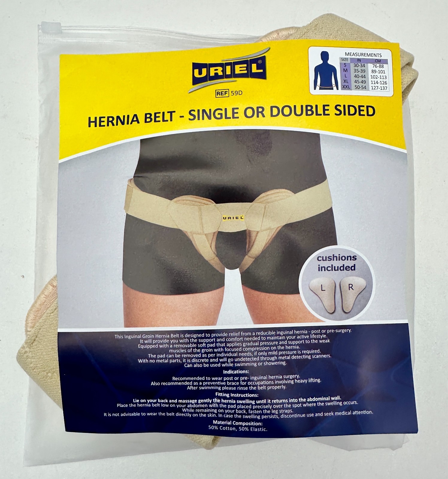 URIEL Single or Double Sided Hernia Belt Size L Ref 59D