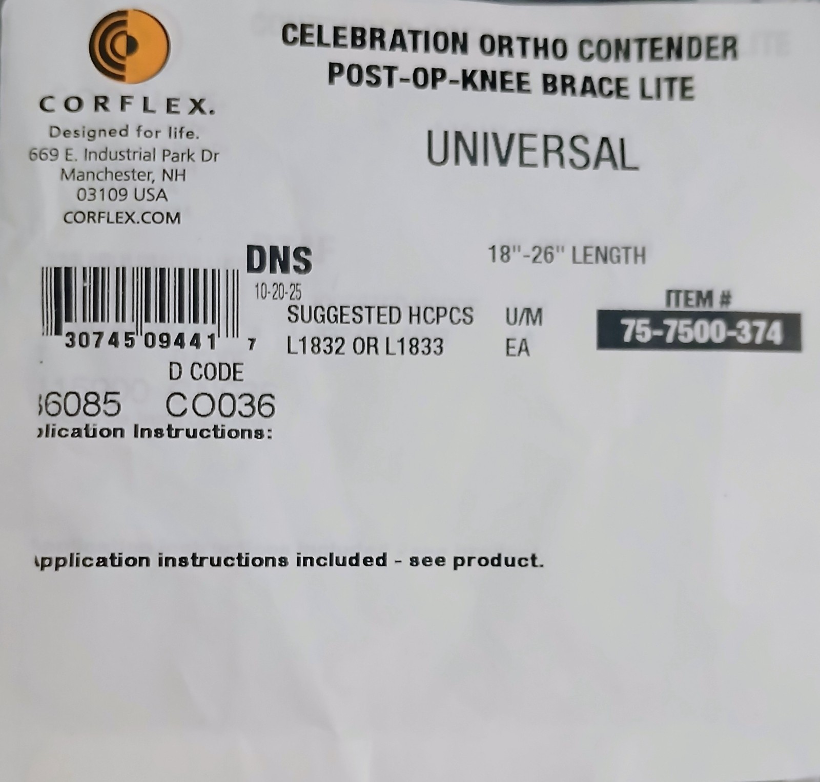 CORFLEX CONTENDER LITE Post-Op Knee Brace ROM Hinged Support Adjustable #75-7500