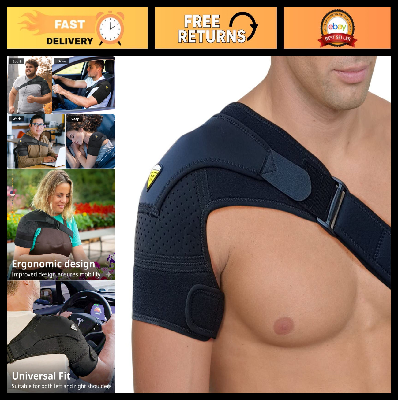 Adjustable Shoulder Brace for Rotator Cuff Support – Pain Relief – 4 Sizes – Bla