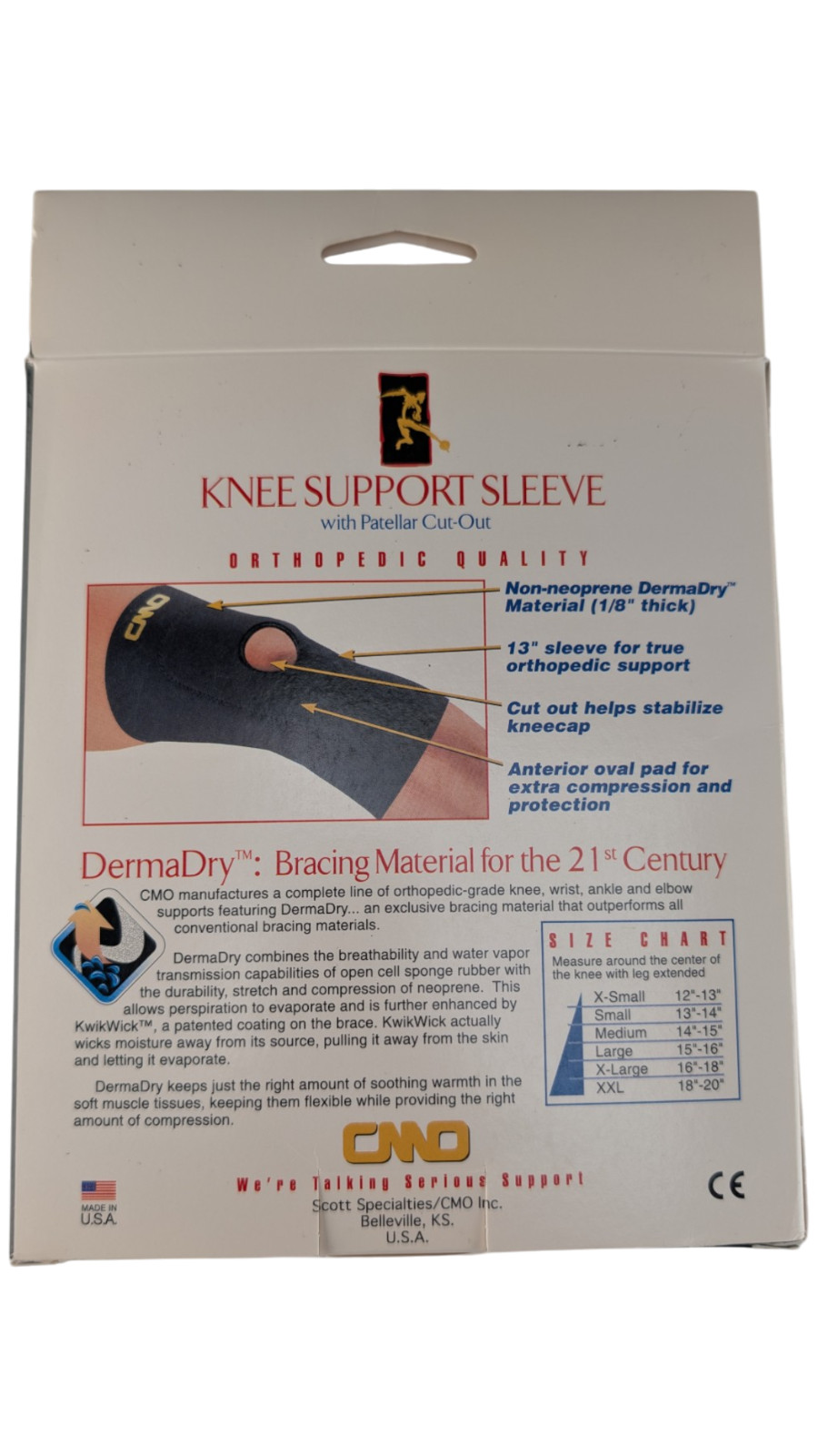 CMO Orthopedic Knee Support Sleeve Patellar Cut-Out Open Back Small 0460