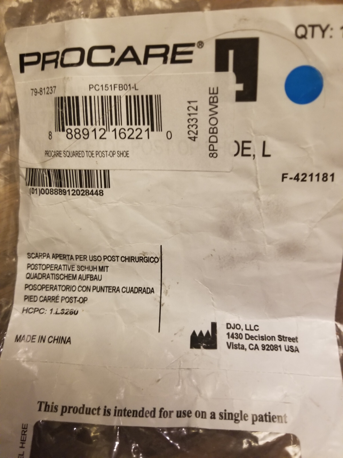 ProCare Squared Toe Post-Op Shoe Size: LARGE new as picured