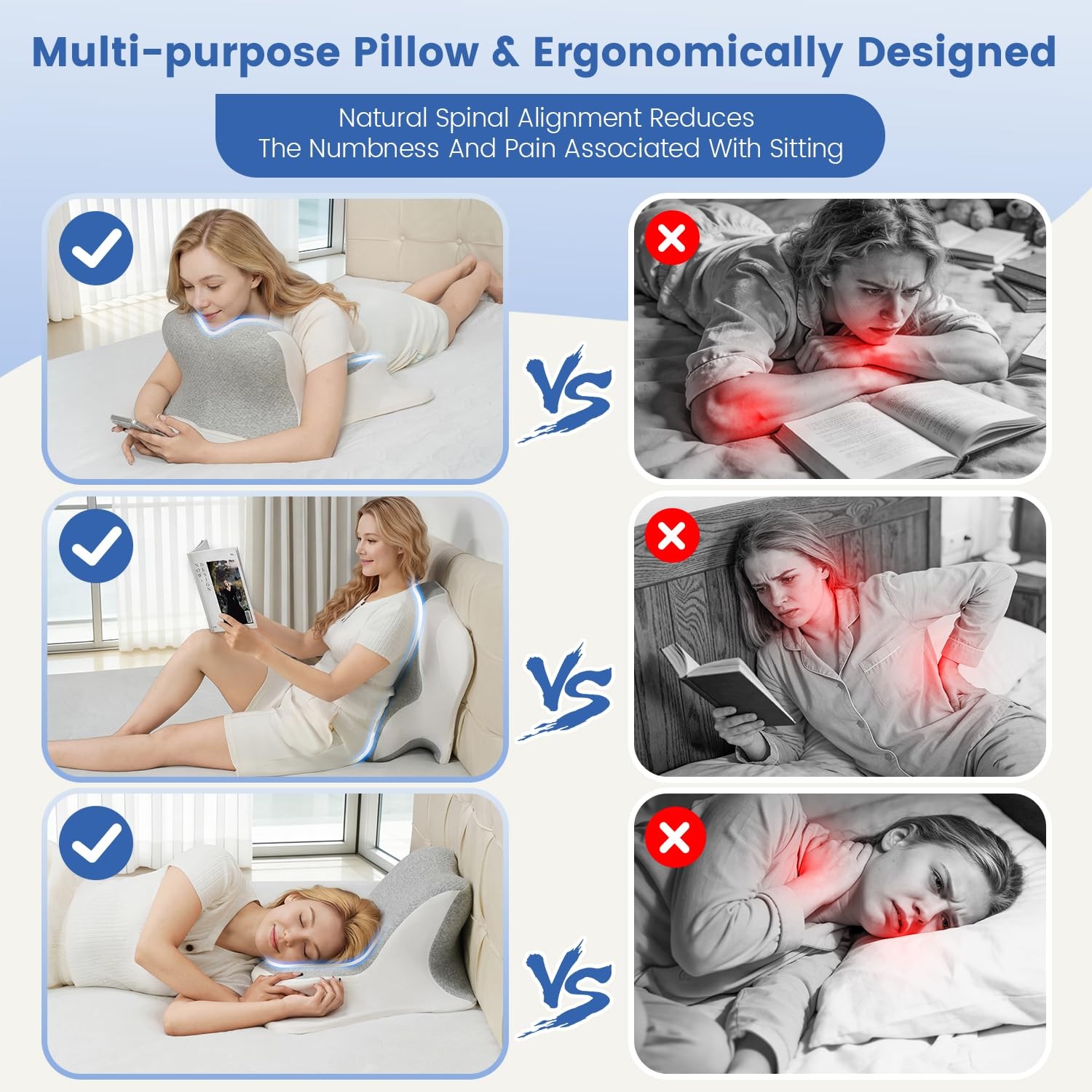 ONGFNFN Reading Pillow for Bed, Ergonomic Memory Foam Bed Wedge Grey