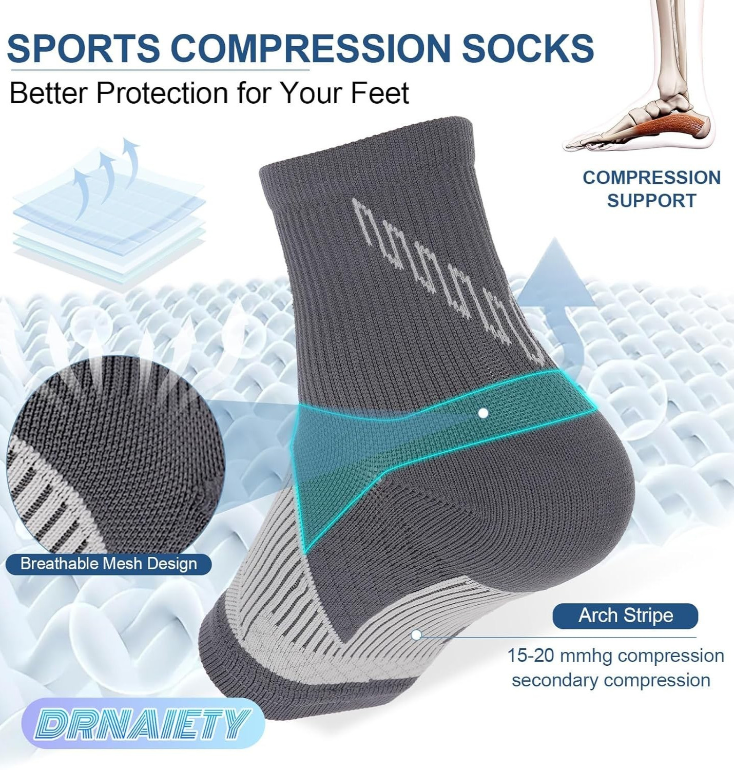 Ankle Compression Sleeves 2 pairs – Adult size Small, two toned gray