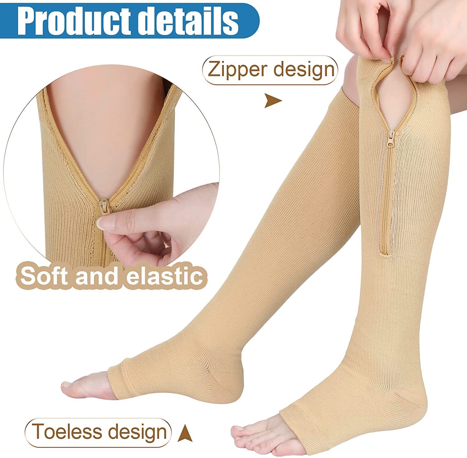 3 Pair Zip Up Compression Socks with Zipper Support Leg Knee Stockings Open Toe