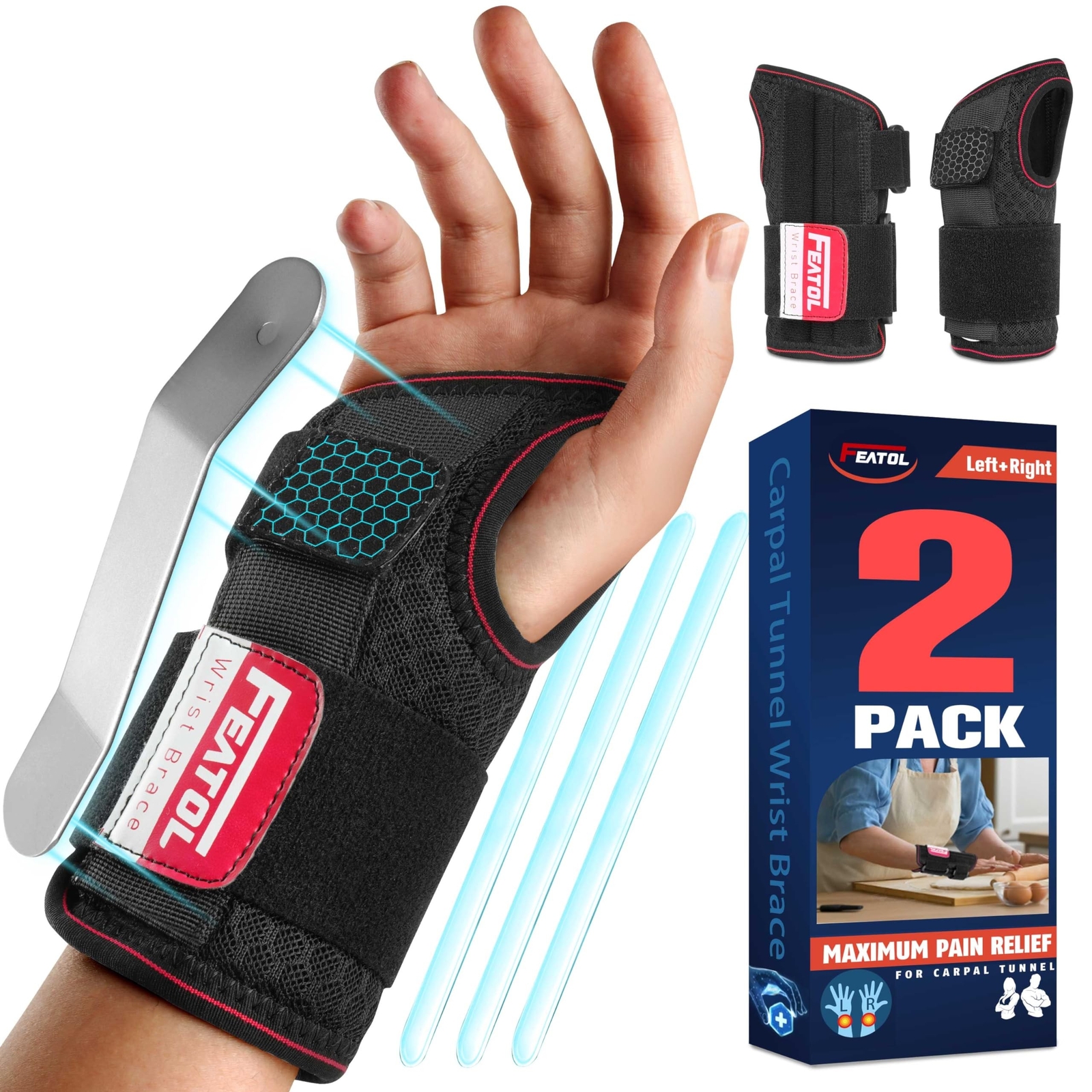 FEATOL 2 Pack Carpal Tunnel Wrist Brace For Work With Wrist Splint, Adjustabl…