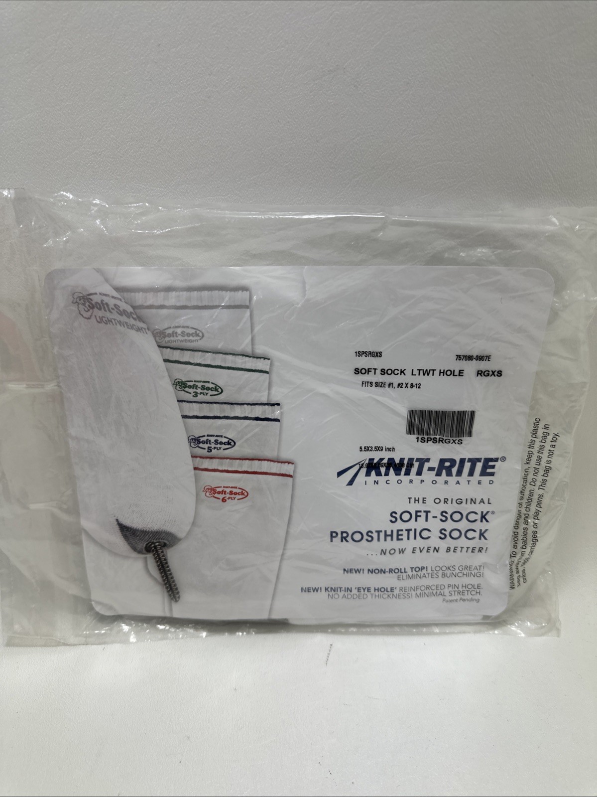 Knit-Rite Prosthetic Soft Sock Size #1 #2 8-12 LTWT Hole 1SPSRGXS Lightweight