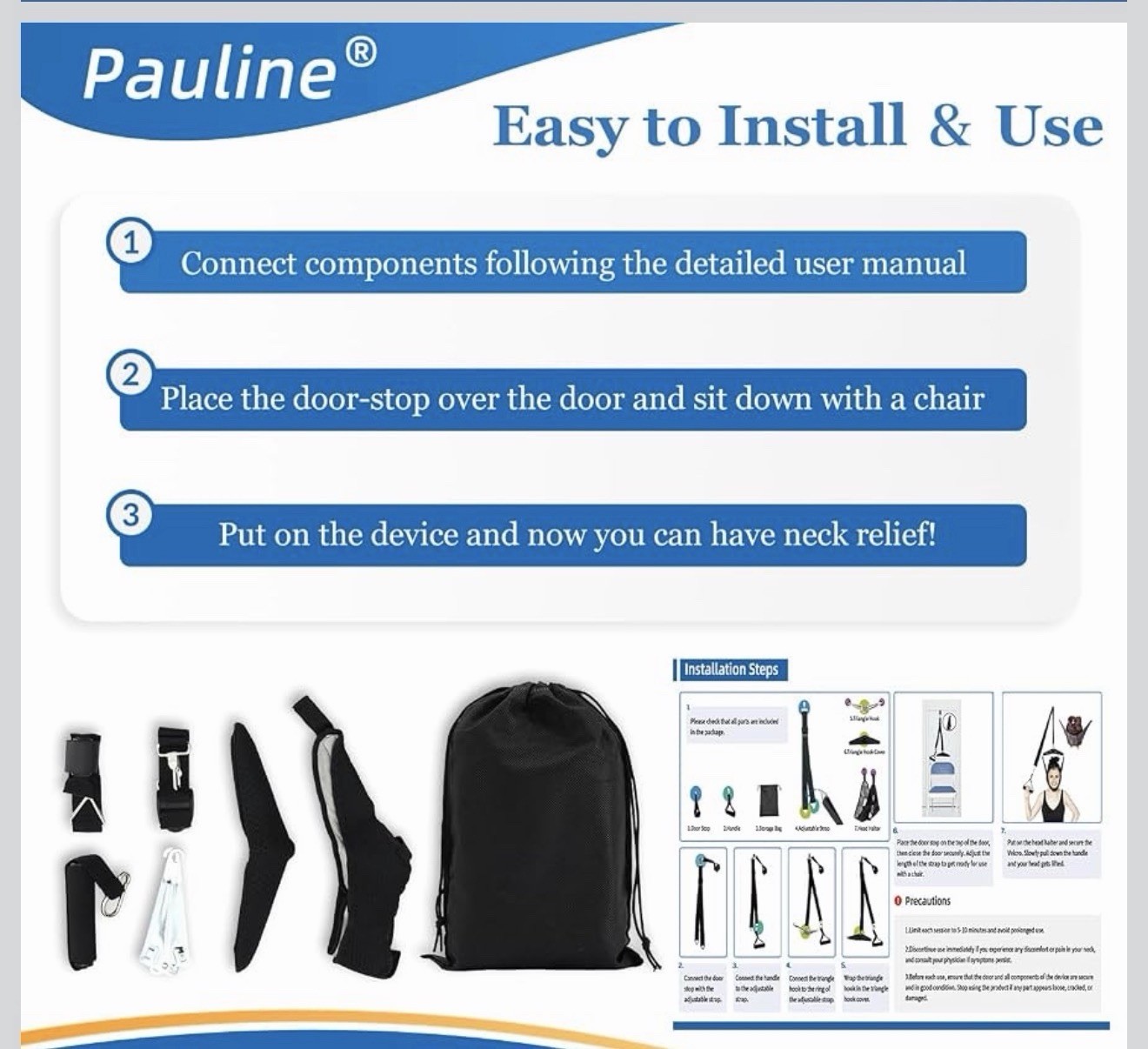 Pauline Adjustable Neck Traction Brace Head Halter Door Strap Black One Size