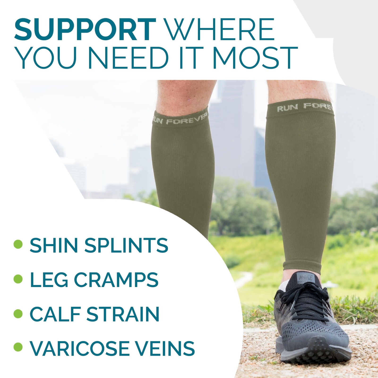 Run Forever Calf Compression Sleeves for Men and Women – Large, Army Green