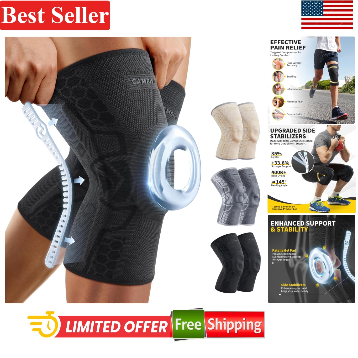 Knee Brace Support Sleeve for Men Women 2 Pack with Patella Gel Pad Side Stab…