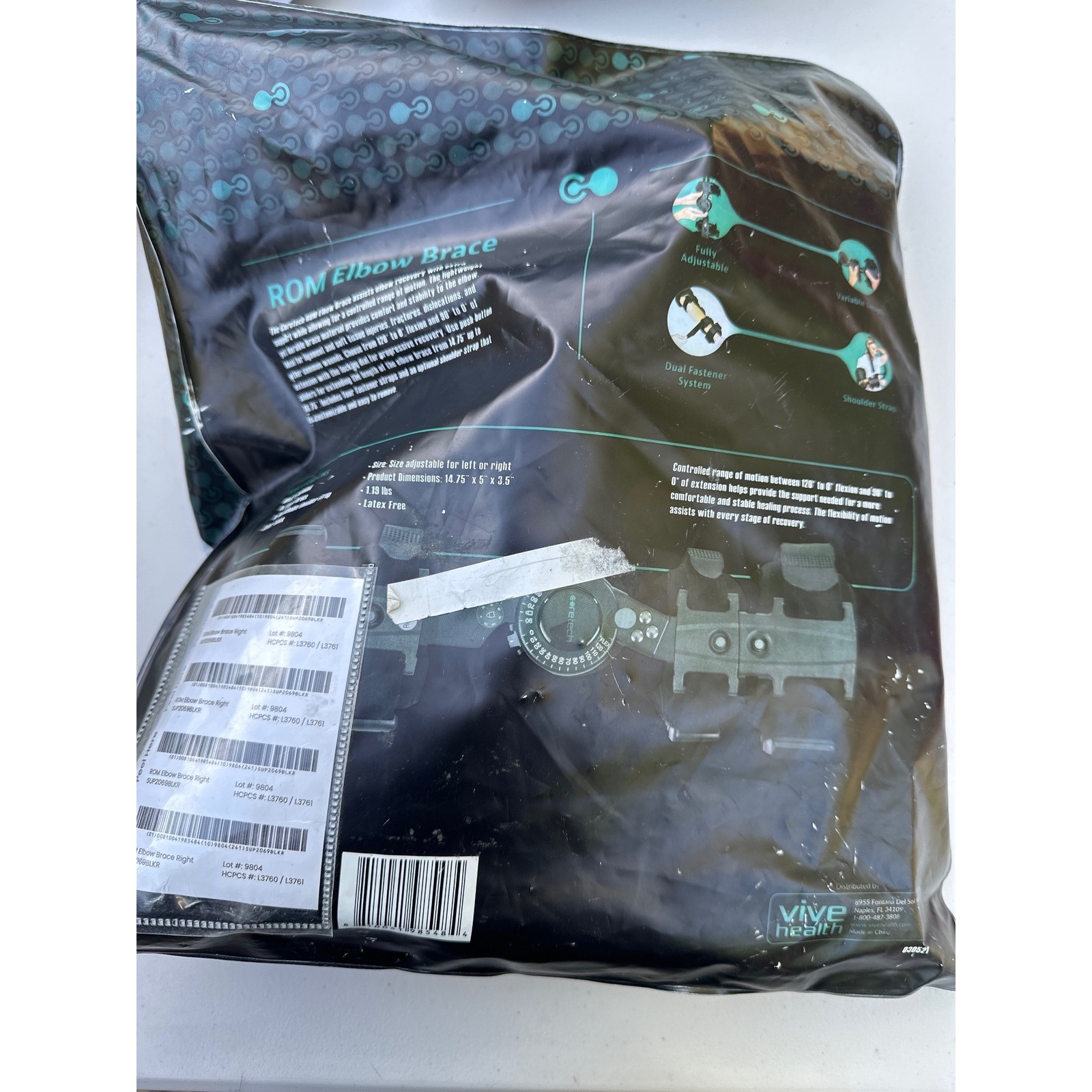 Coretech ROM Elbow Brace Right Arm Vive Health SUP2069BLKR Post Op Recovery Blk